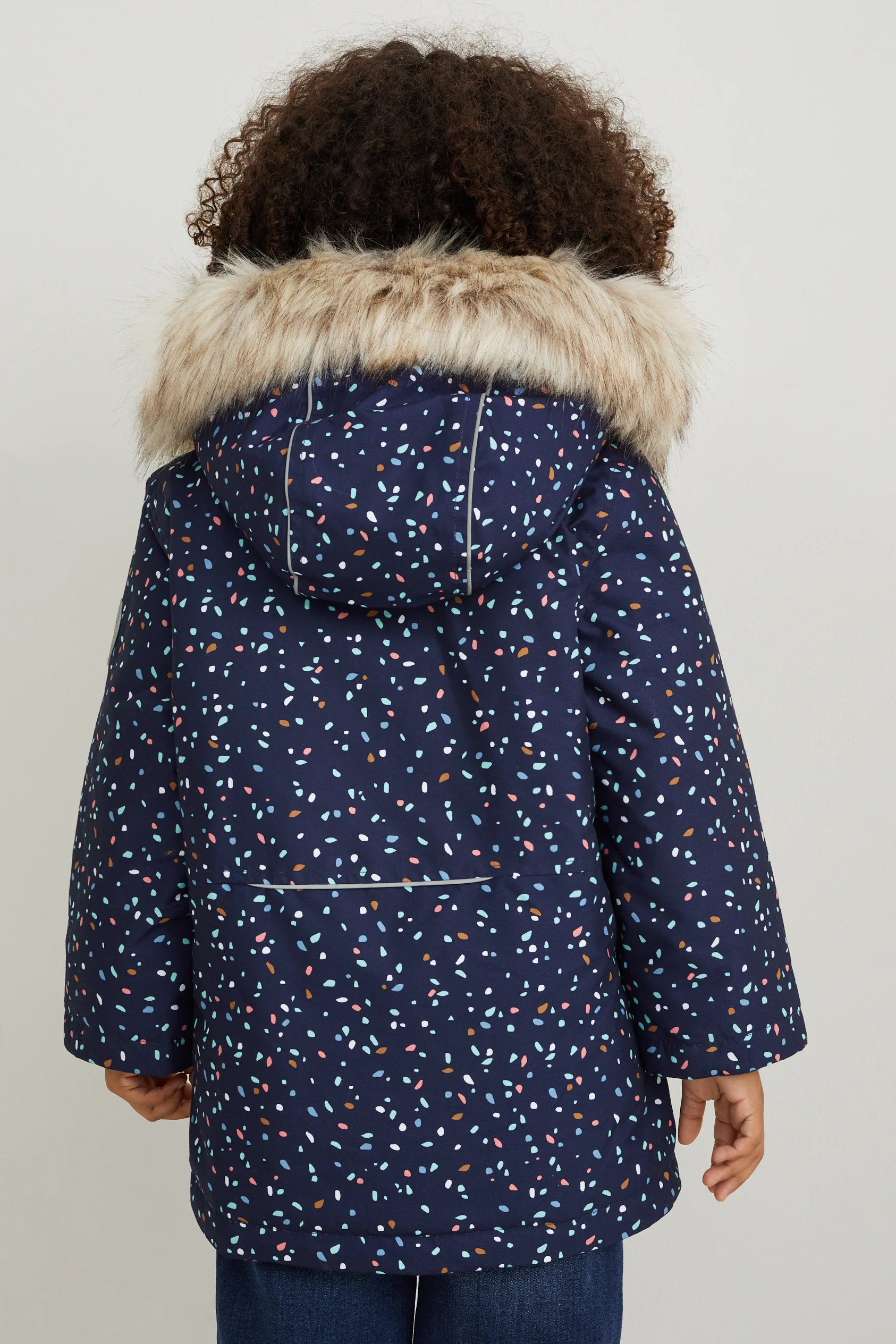Rain jacket with hood and faux fur trim - patterned