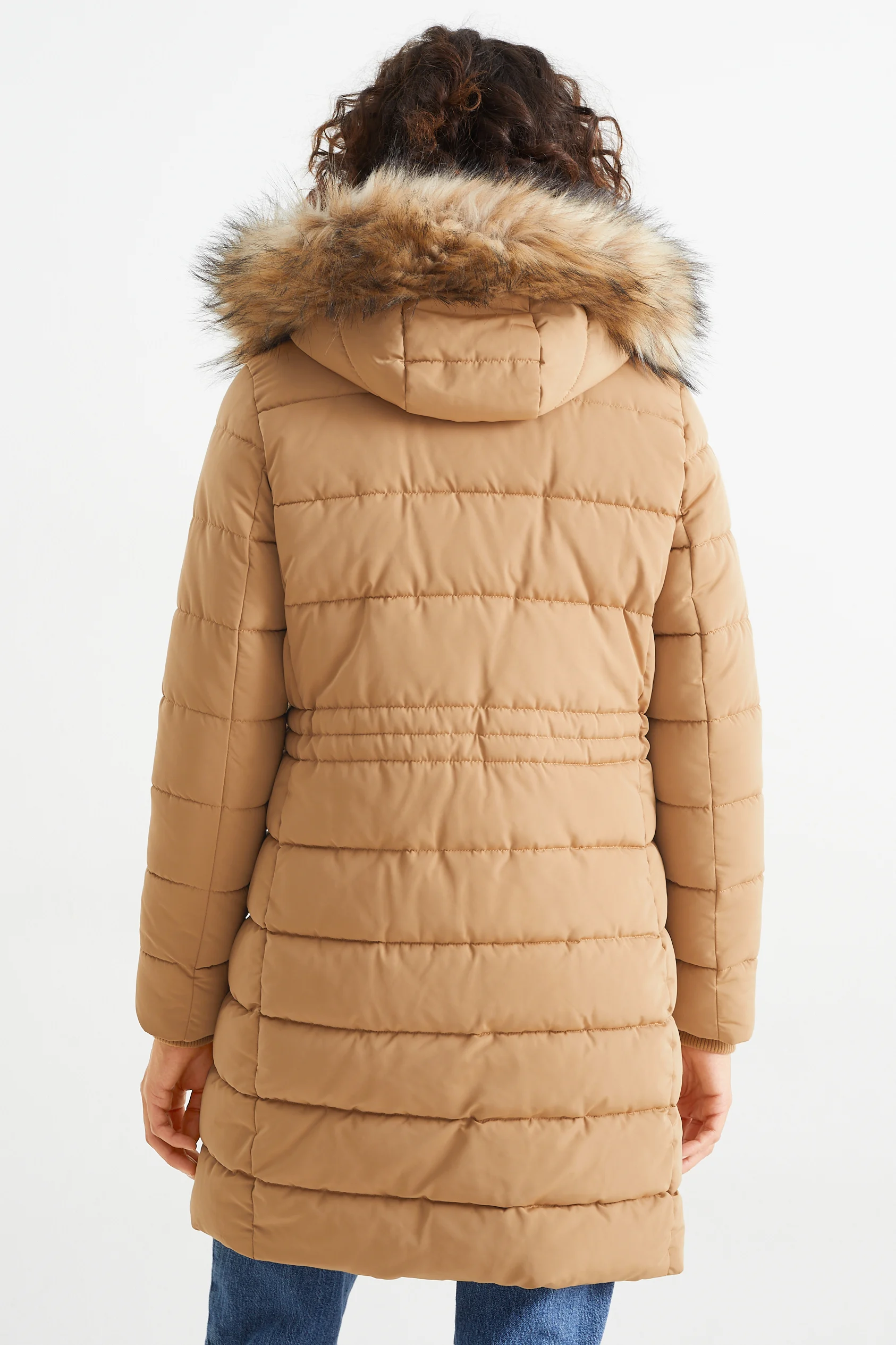 Quilted coat with hood and faux fur trim