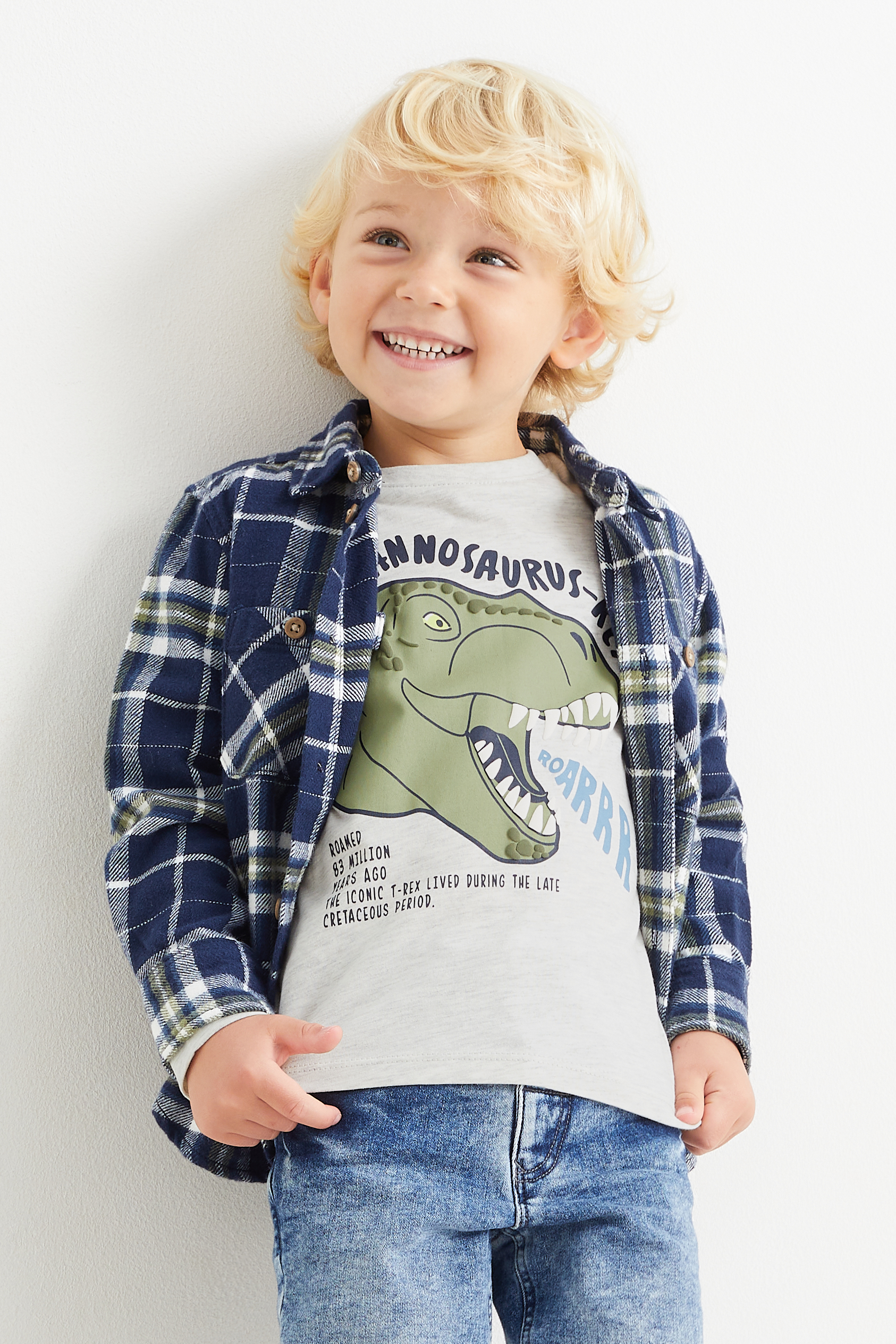 Dinosaur - set - flannel shirt and long sleeve top - 2 piece