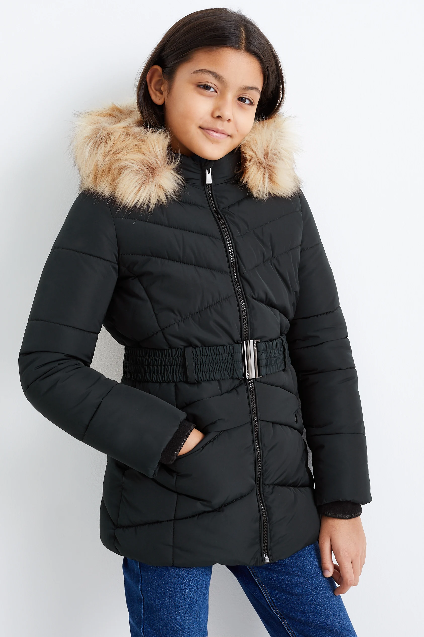 Quilted jacket with hood and faux fur trim