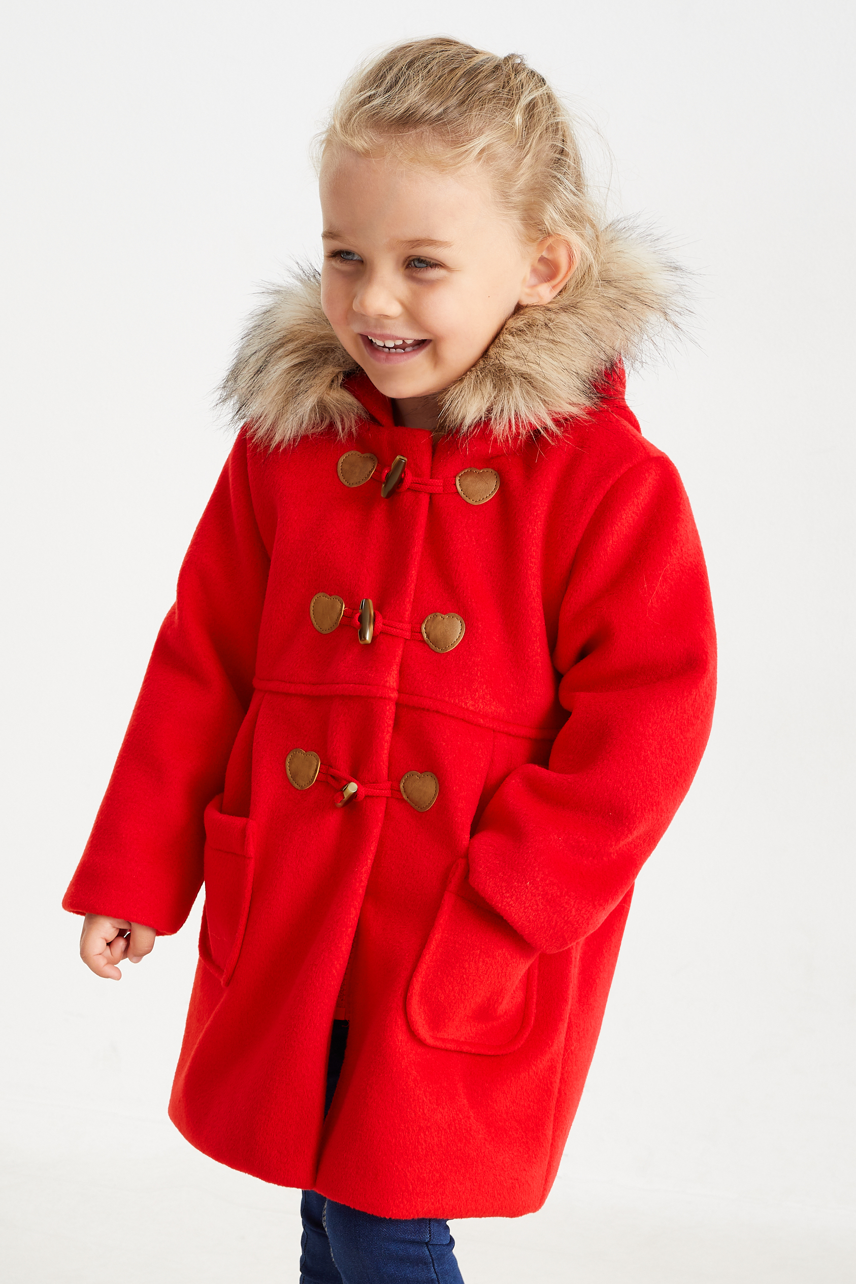 Coat with hood and faux fur trim