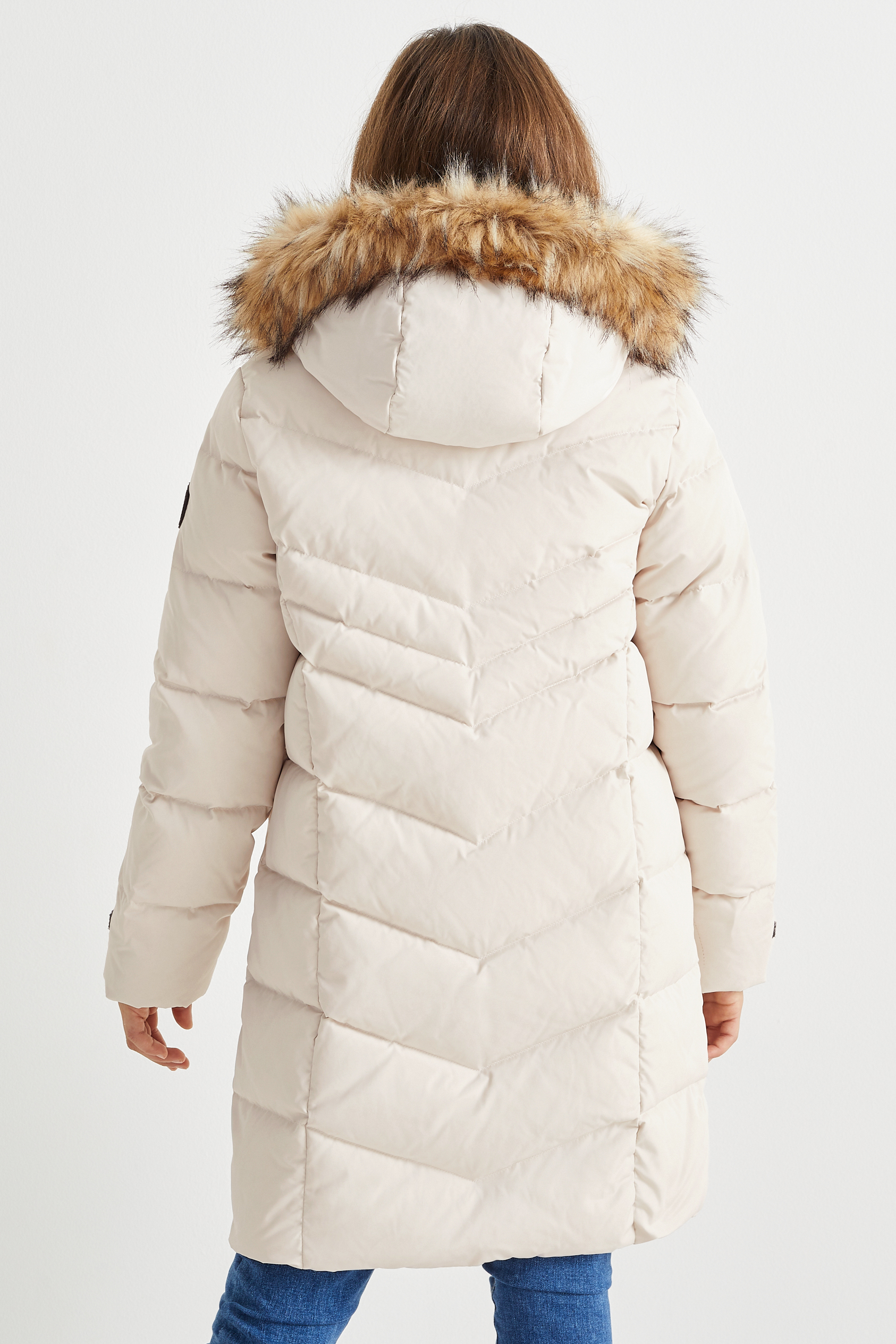 Down jacket with hood and faux fur trim
