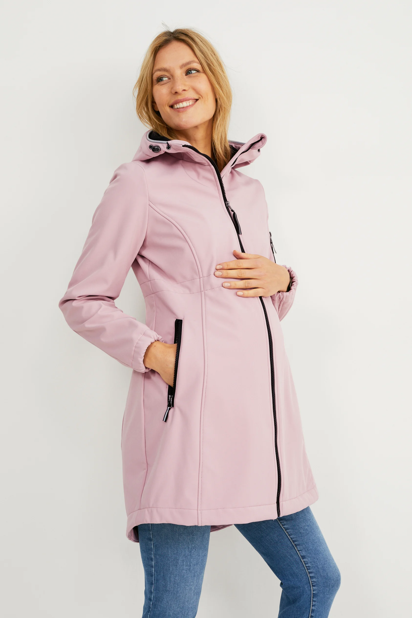 Softshell maternity jacket with hood and baby pouch