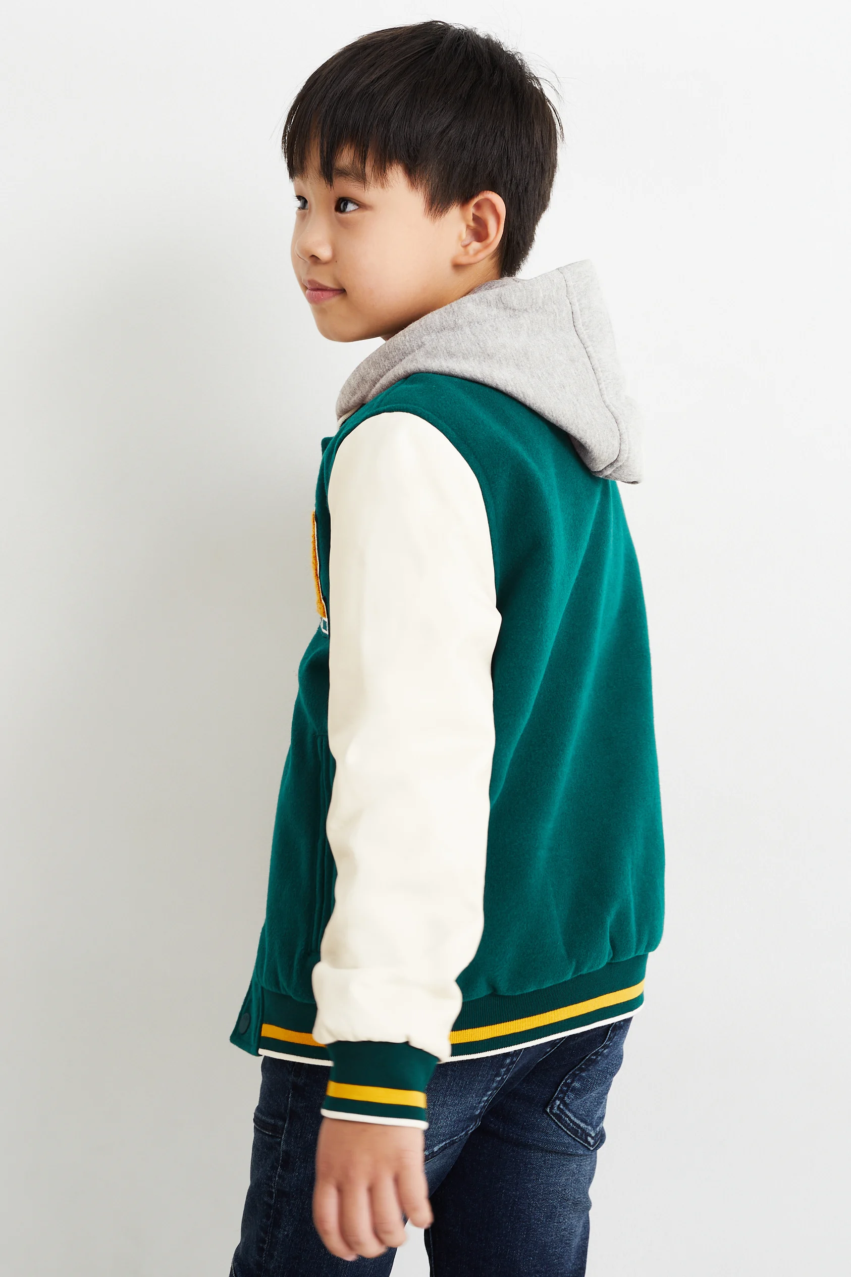 Varsity jacket with hood