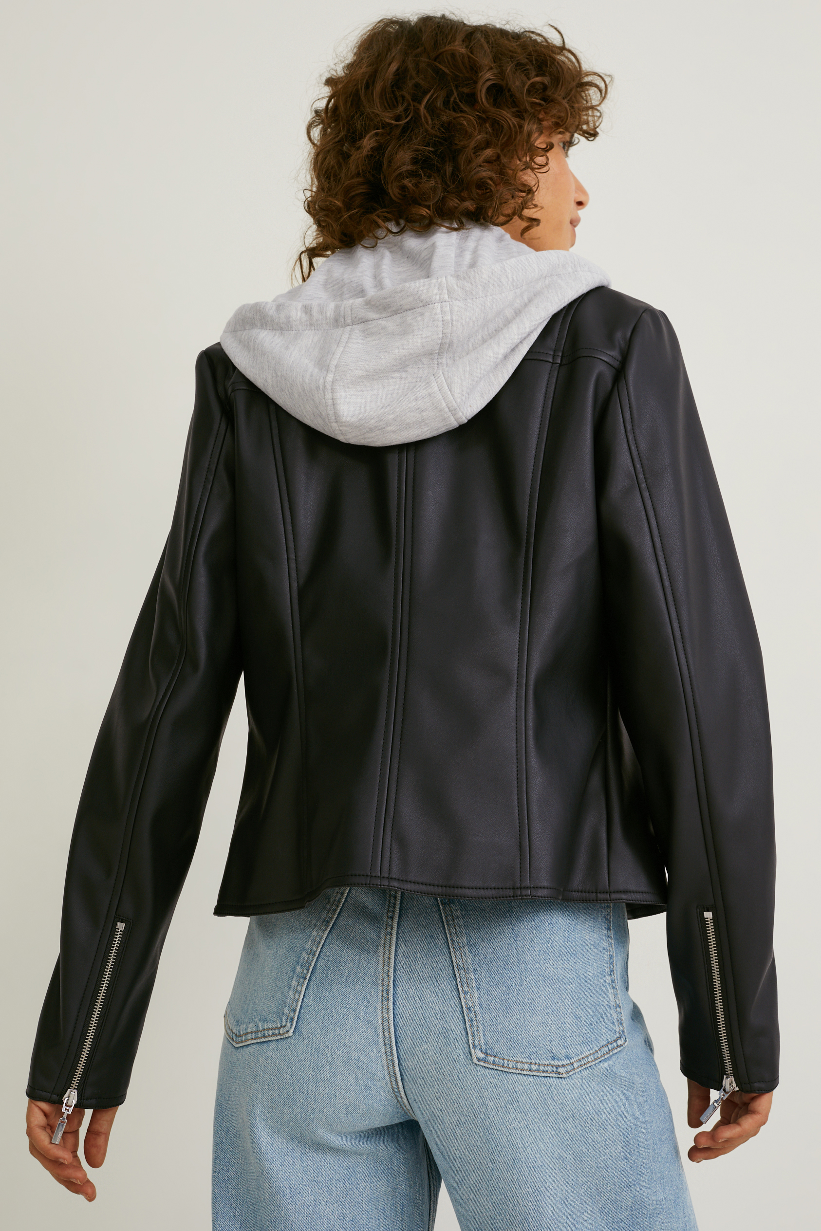 Biker jacket with hood - faux leather