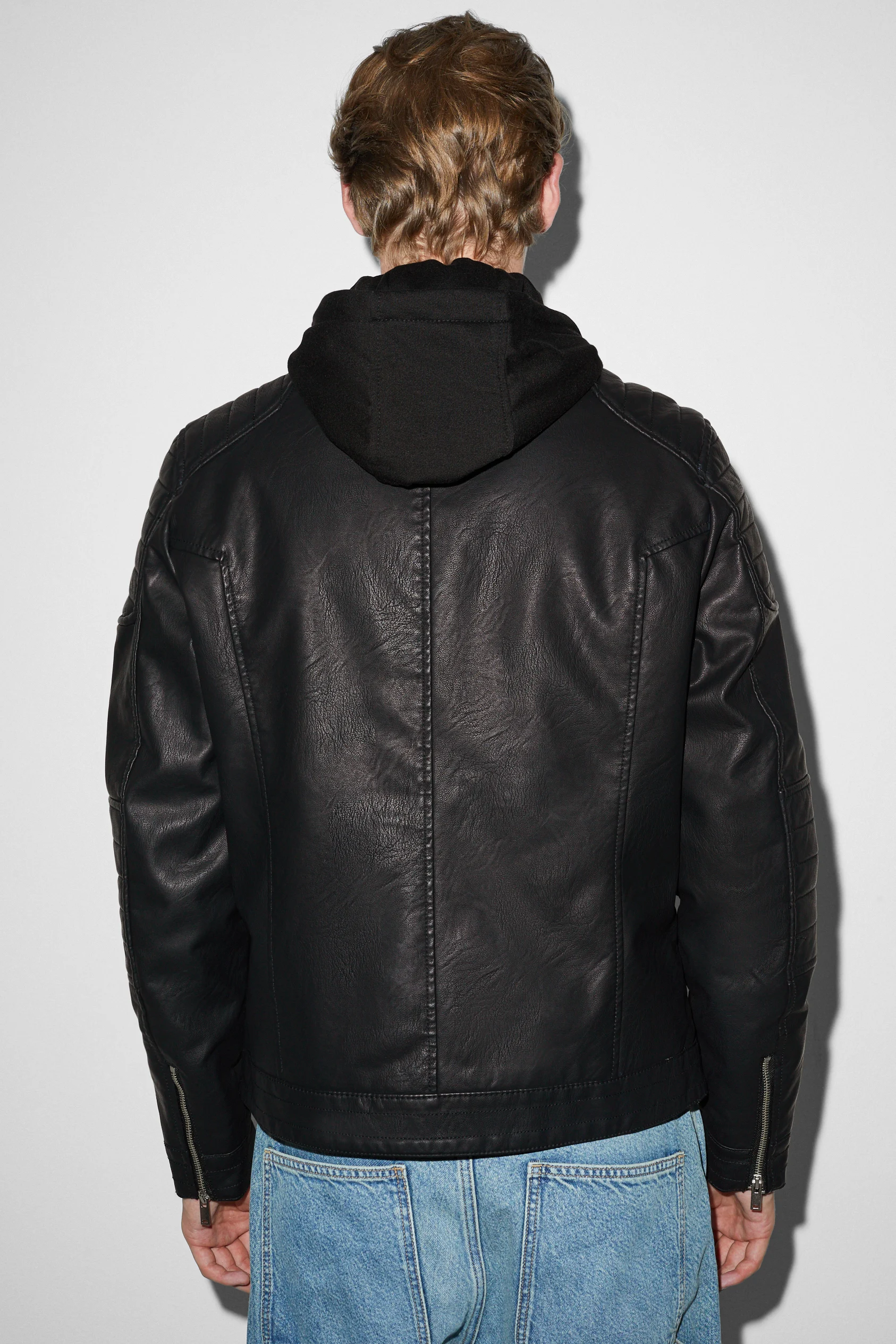 Biker jacket with hood - faux leather