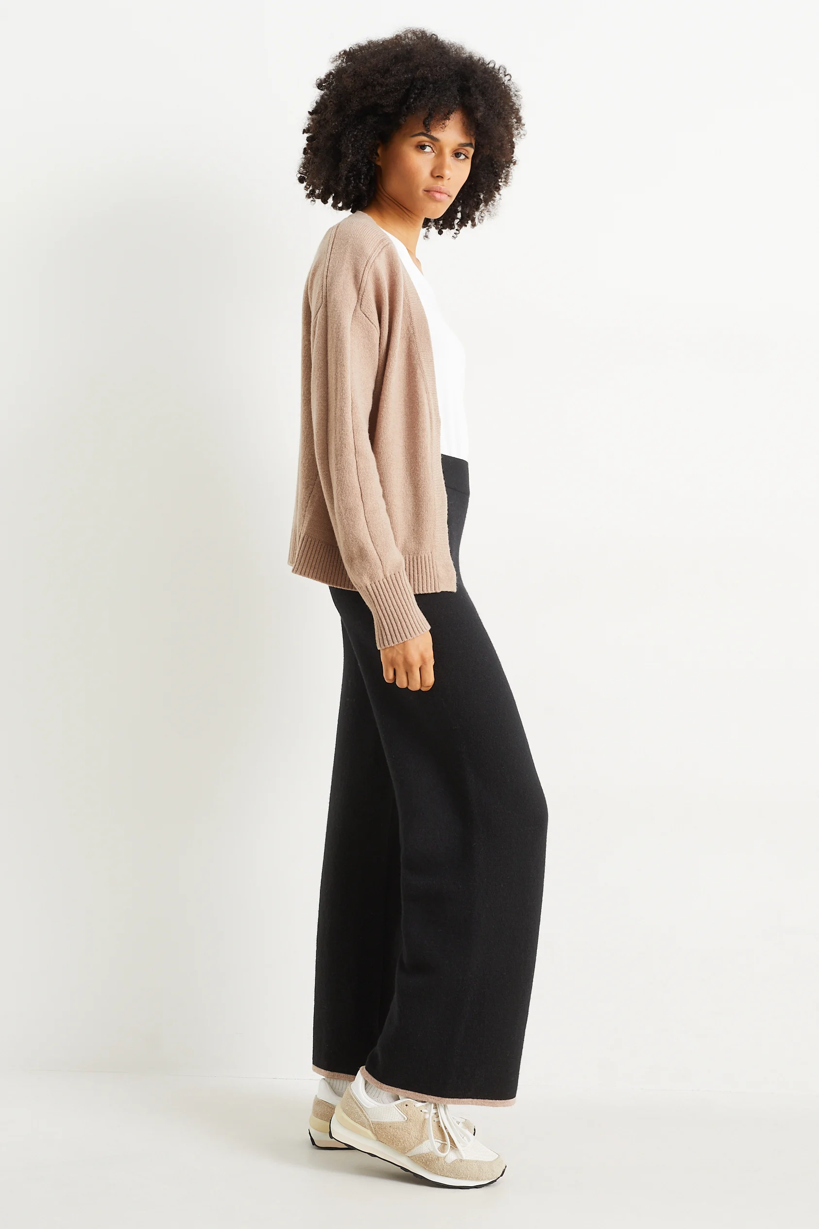 Knitted trousers - mid-rise waist - wide leg - wool blend