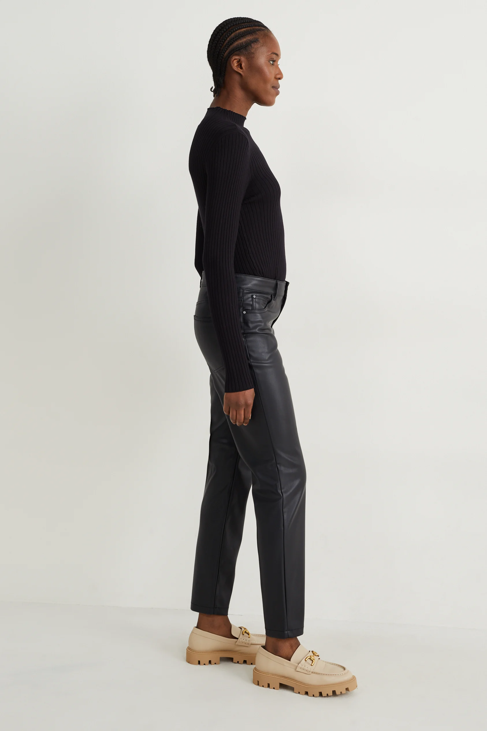 Trousers - high waist - straight fit - faux leather