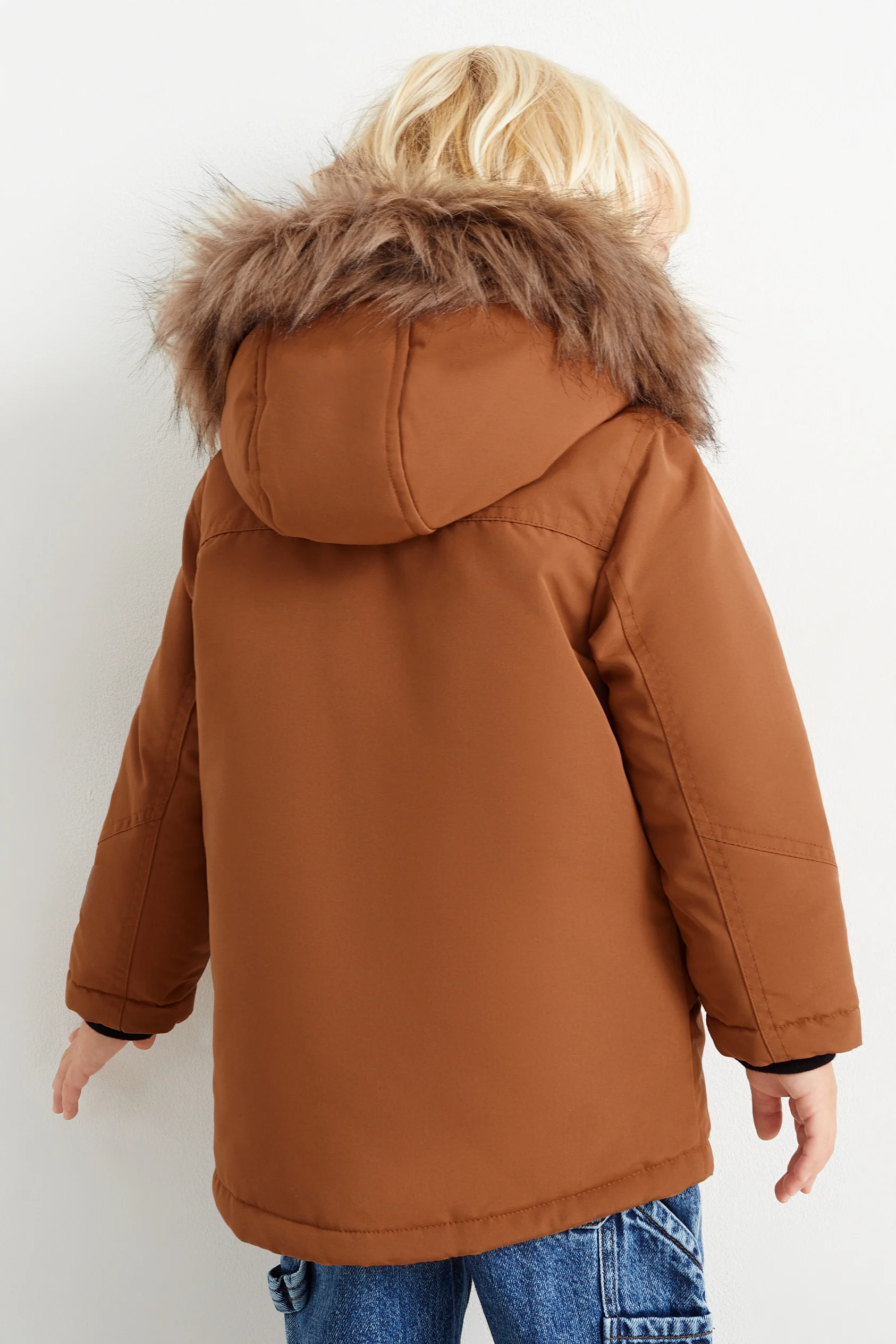 Parka with hood and faux fur trim