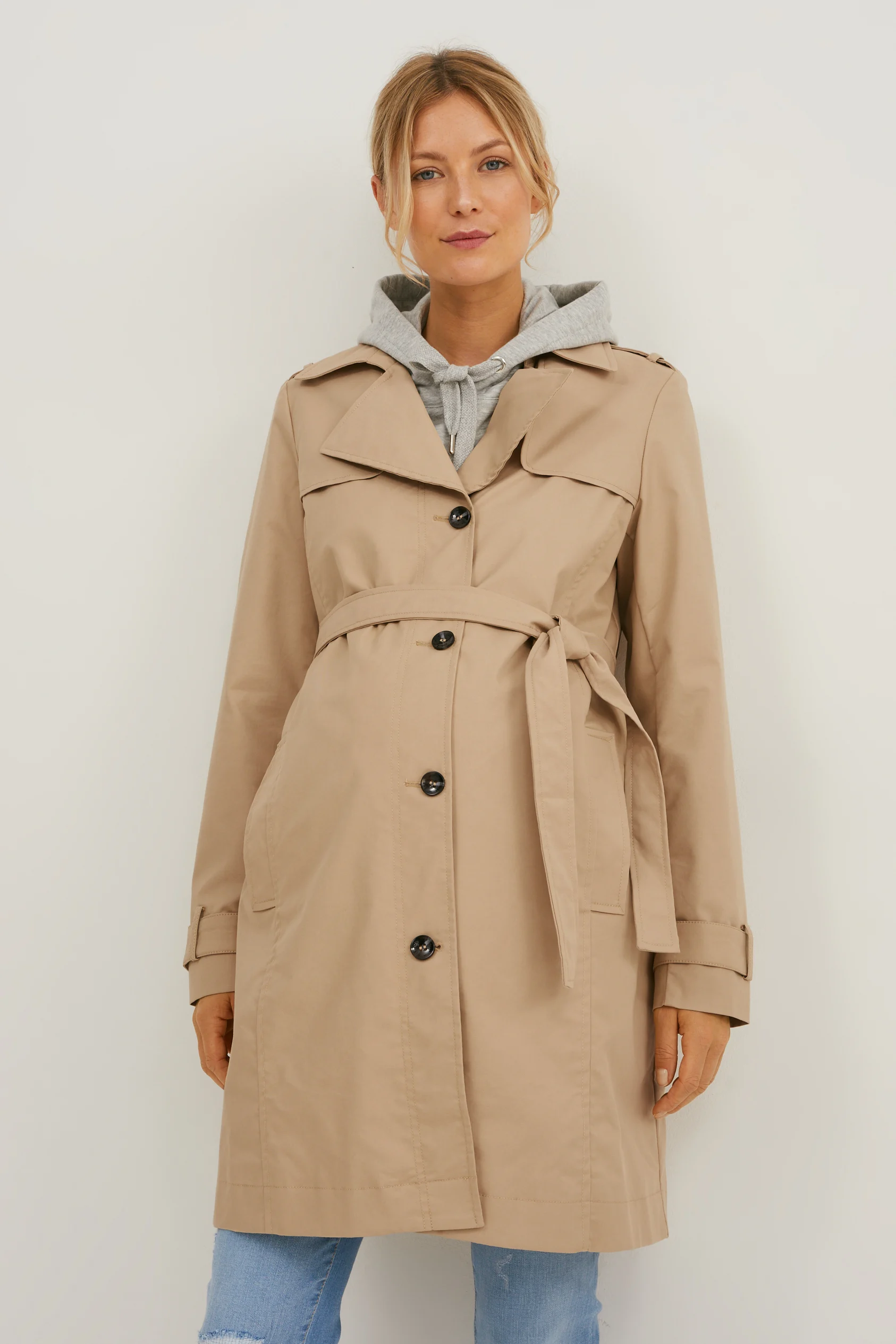 Maternity trench coat with baby pouch