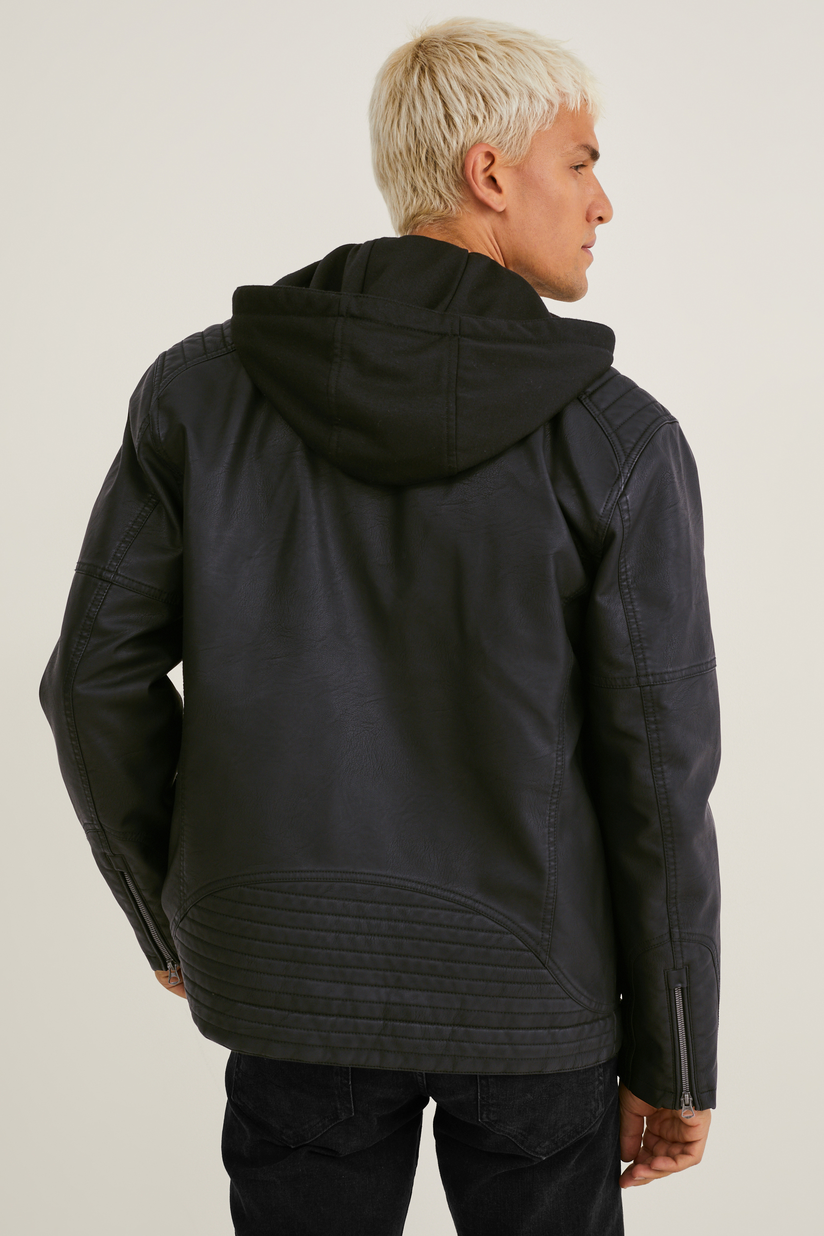 Biker jacket with hood - faux leather