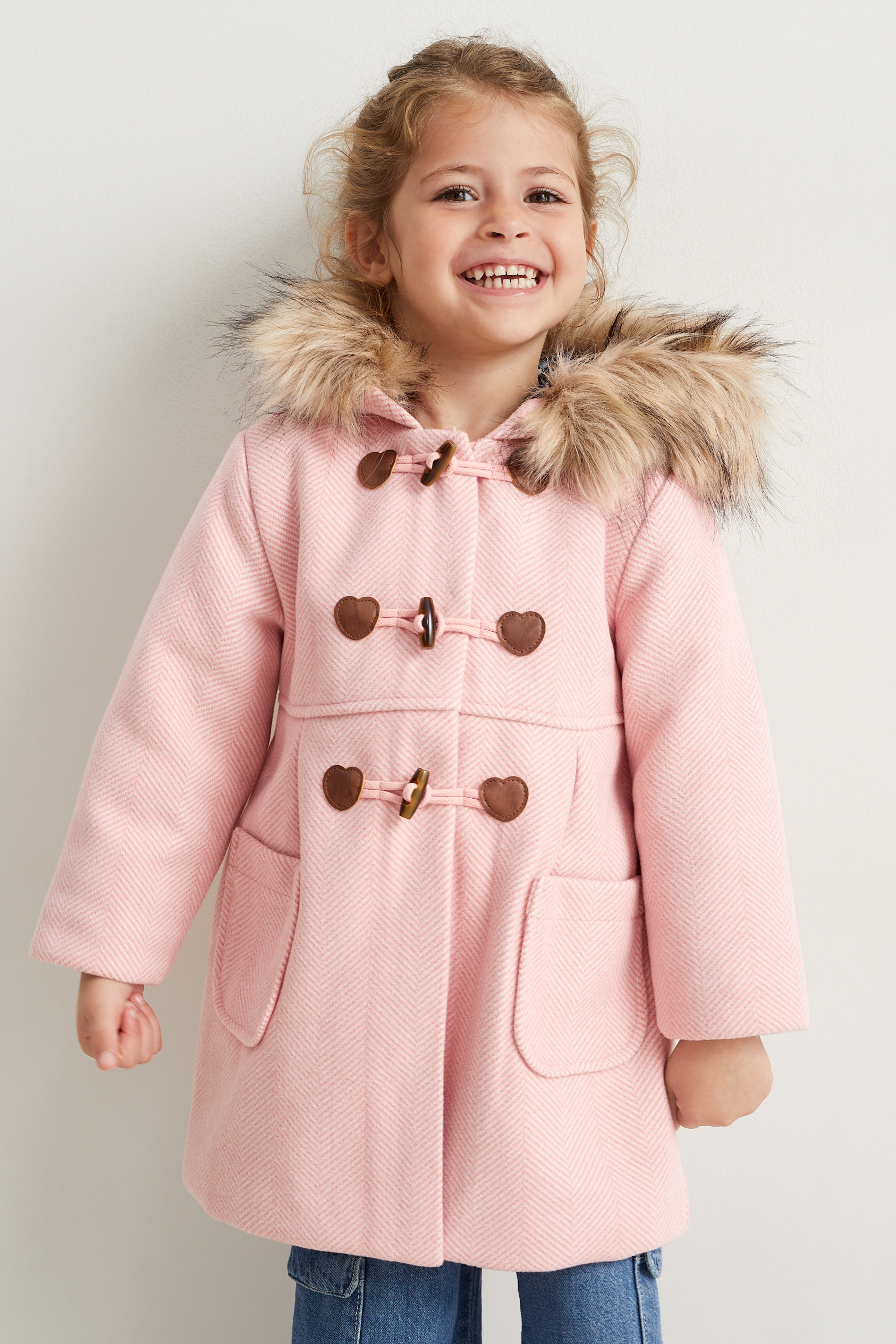 Coat with hood and faux fur trim