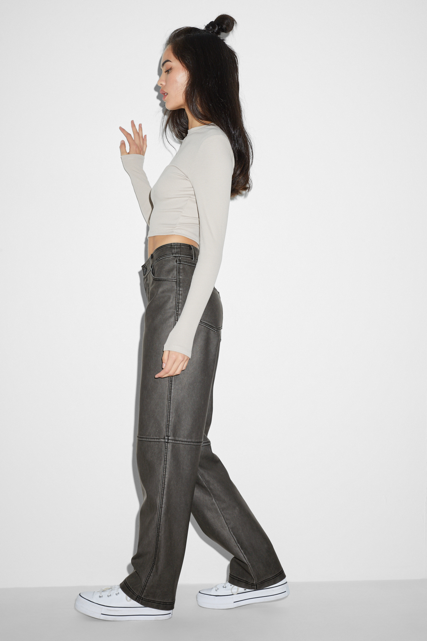 CLOCKHOUSE - trousers - mid-rise waist - straight fit - faux leather