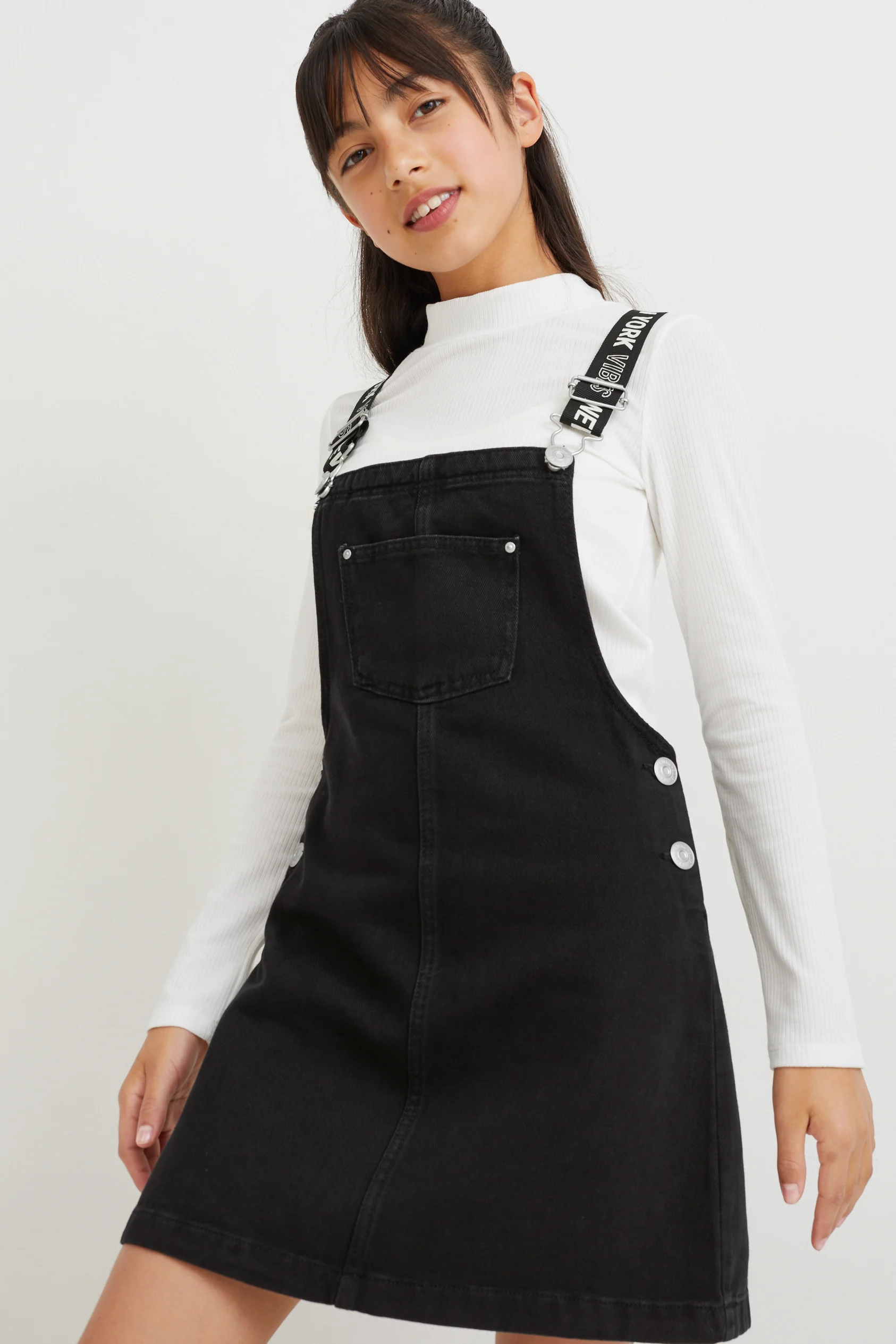 Set - denim pinafore dress and long sleeve top - 2 piece