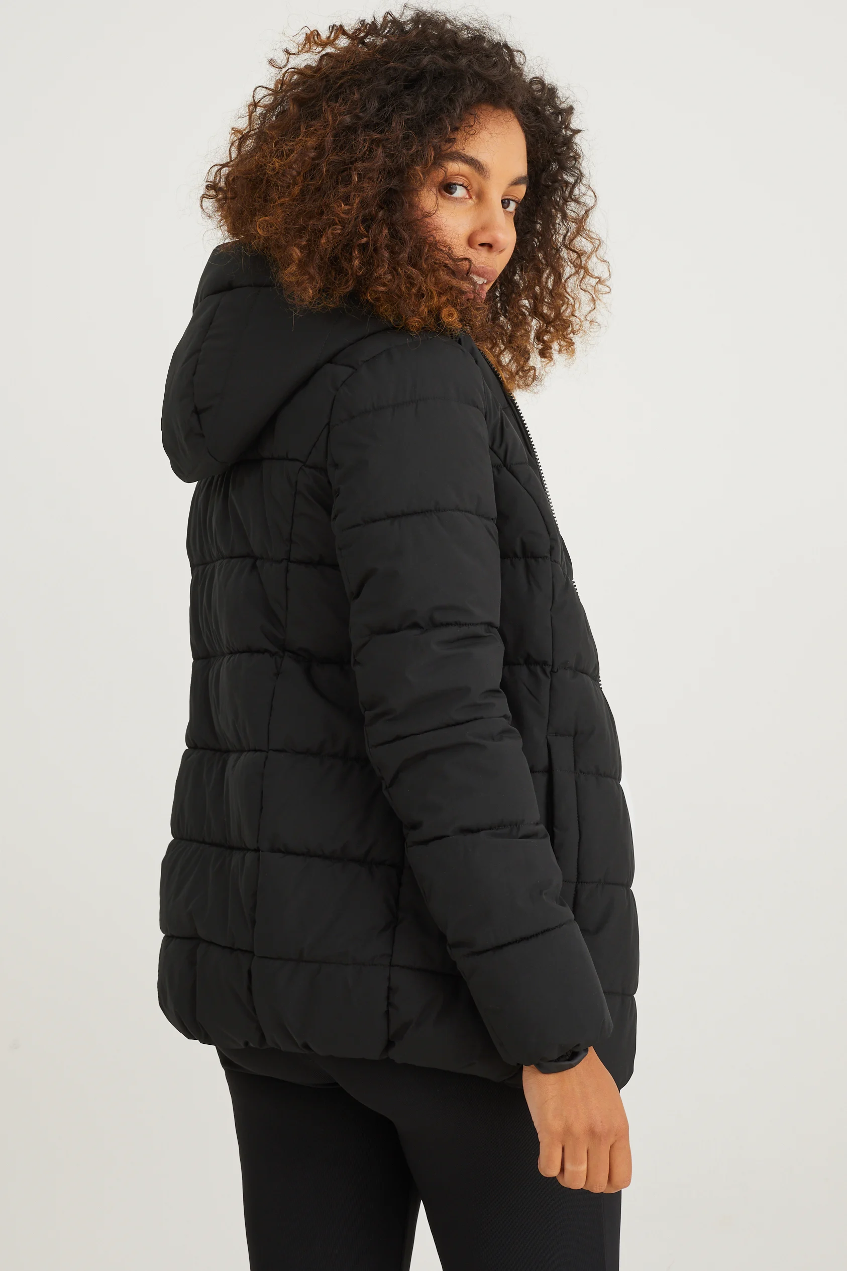 Maternity quilted jacket with hood and baby pouch