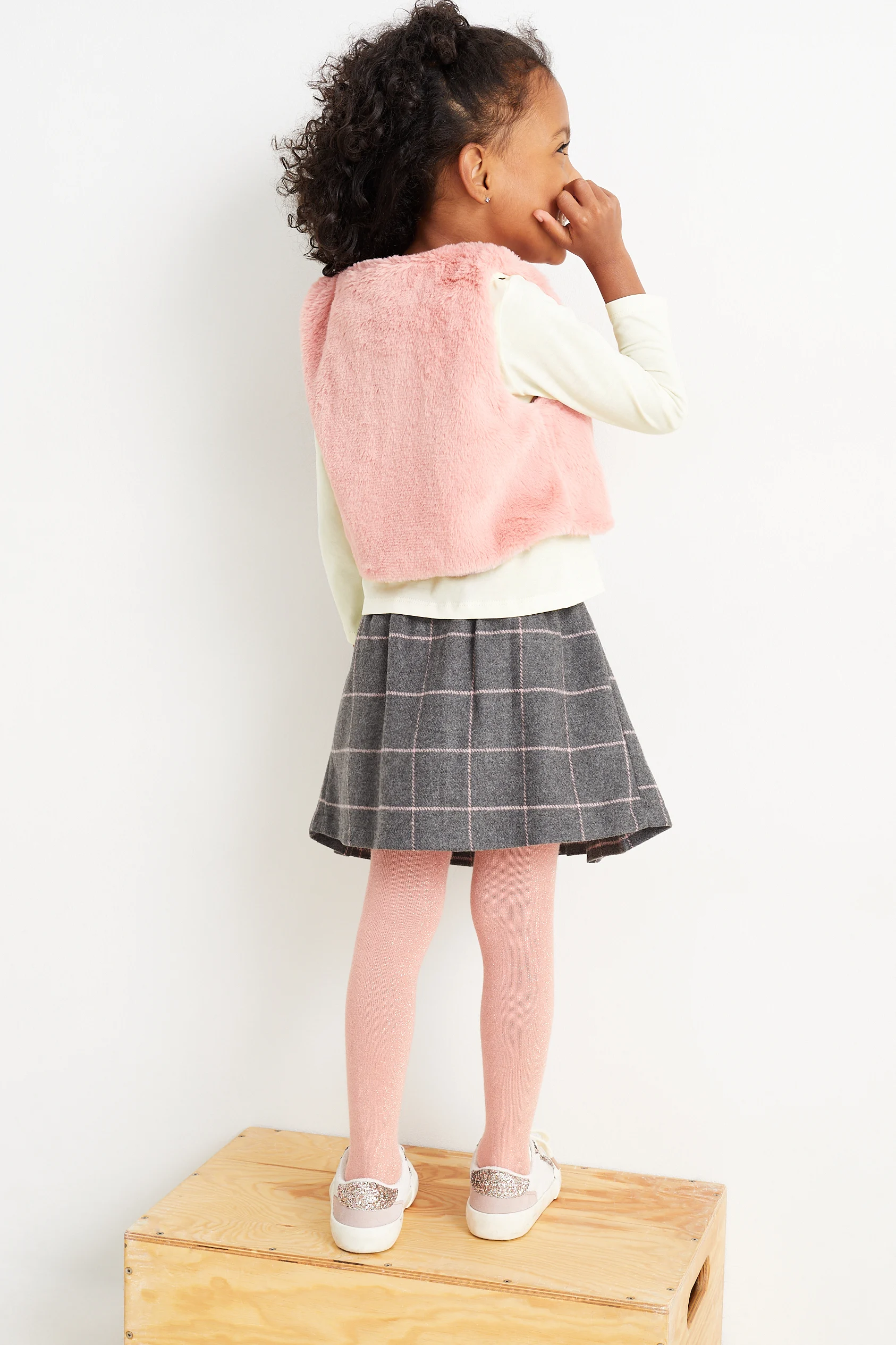 Set - long sleeve top, faux fur waistcoat and tights