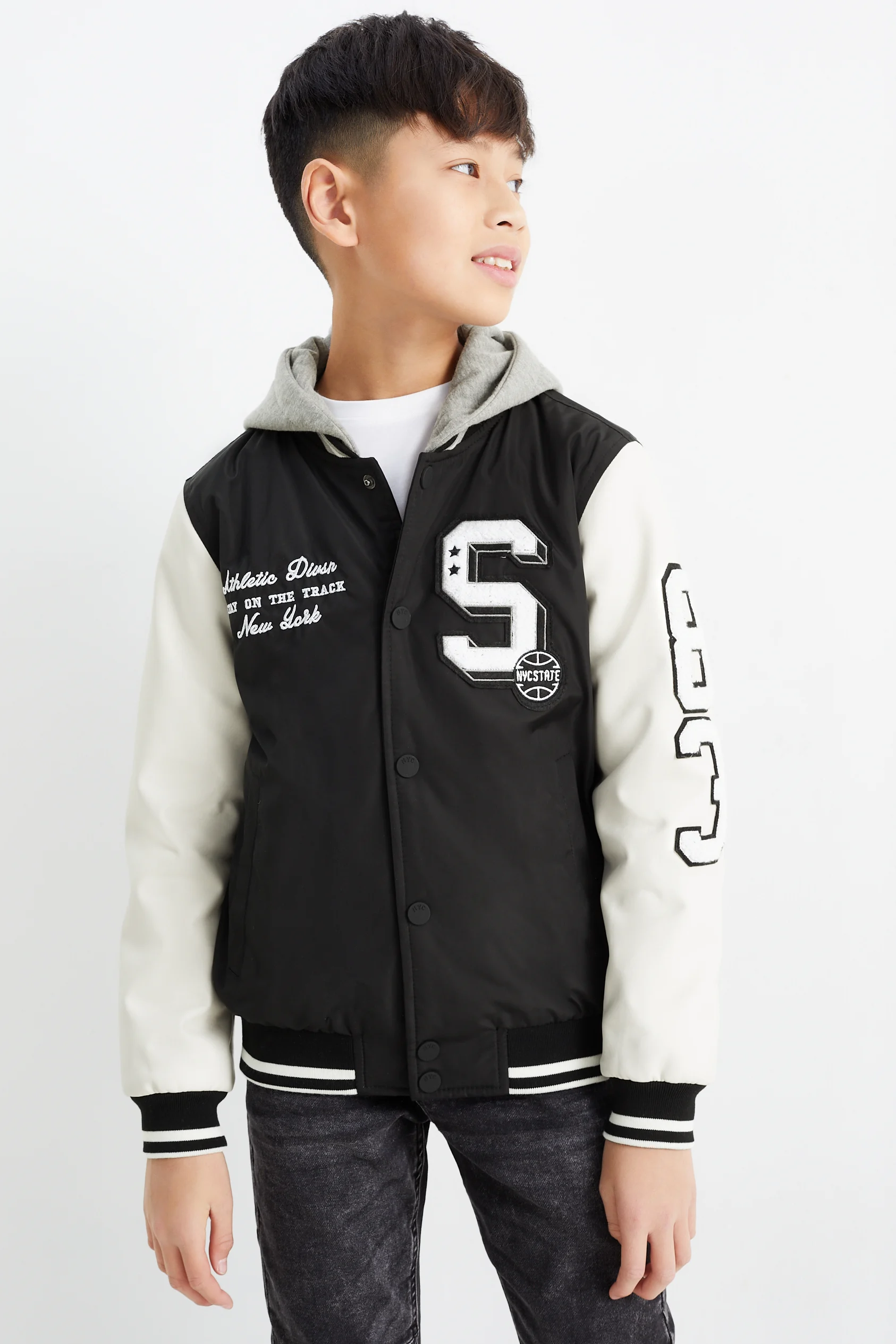 Varsity jacket with hood
