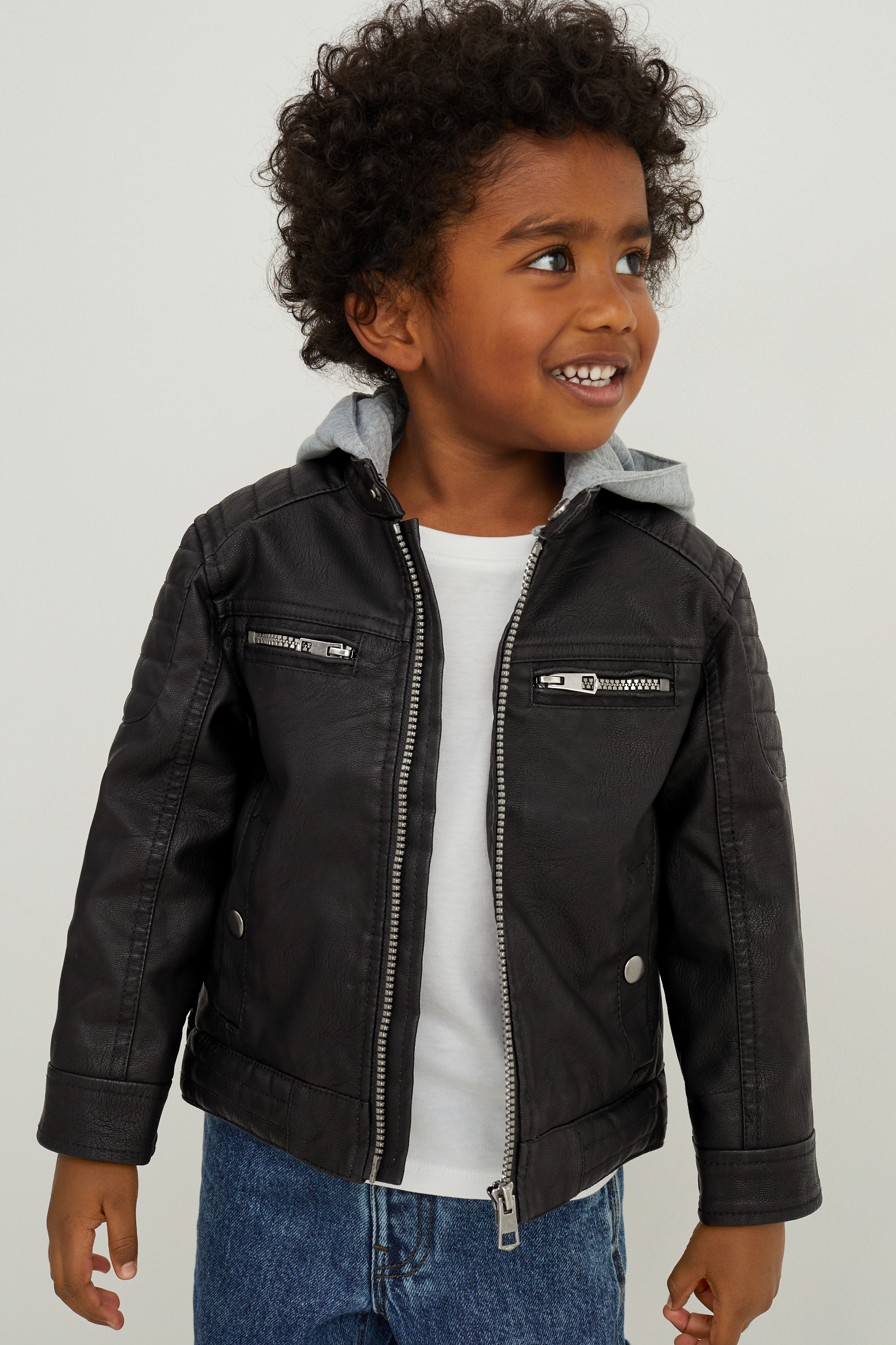 Biker jacket with hood - faux leather