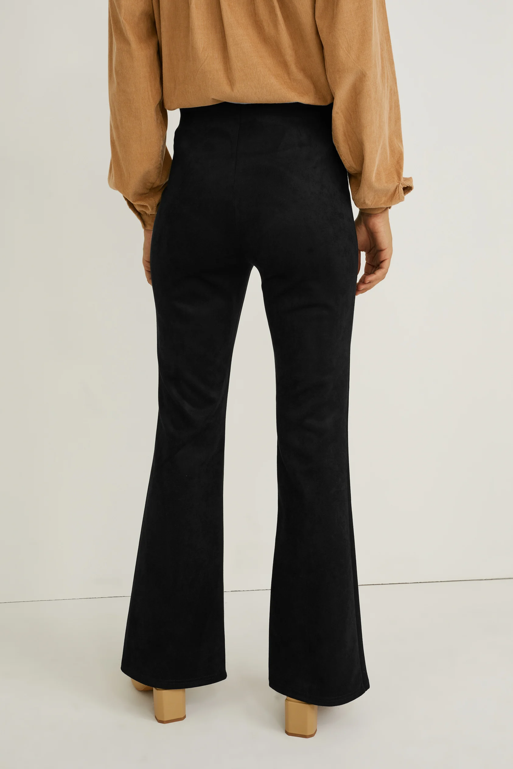 Trousers - high waist - flared - faux suede