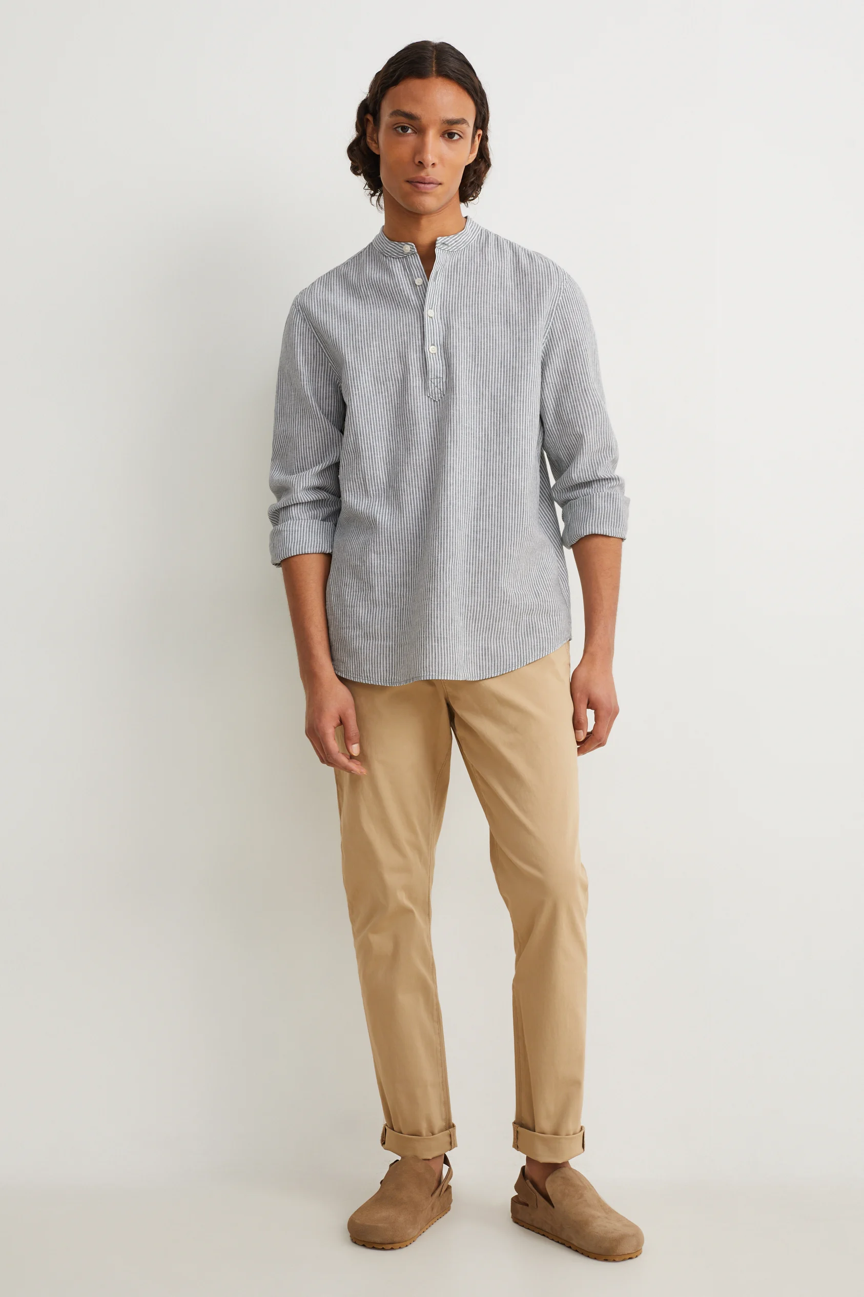 Shirt - regular fit - band collar - linen blend - striped