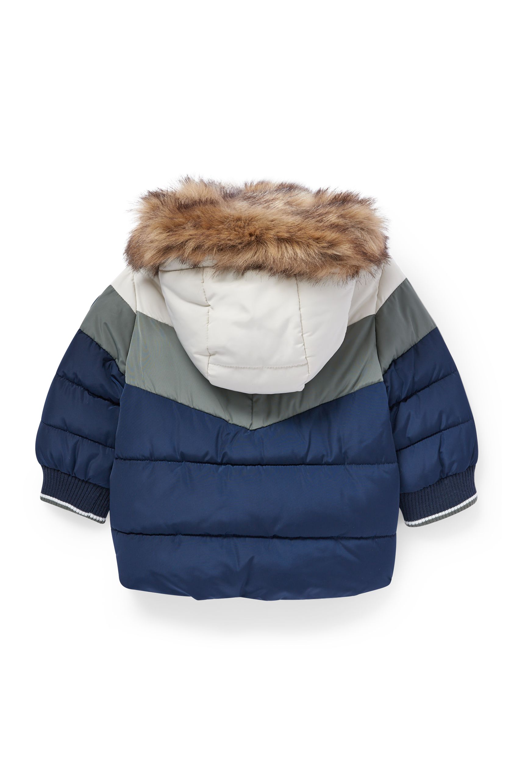 Baby quilted jacket with hood and faux fur trim