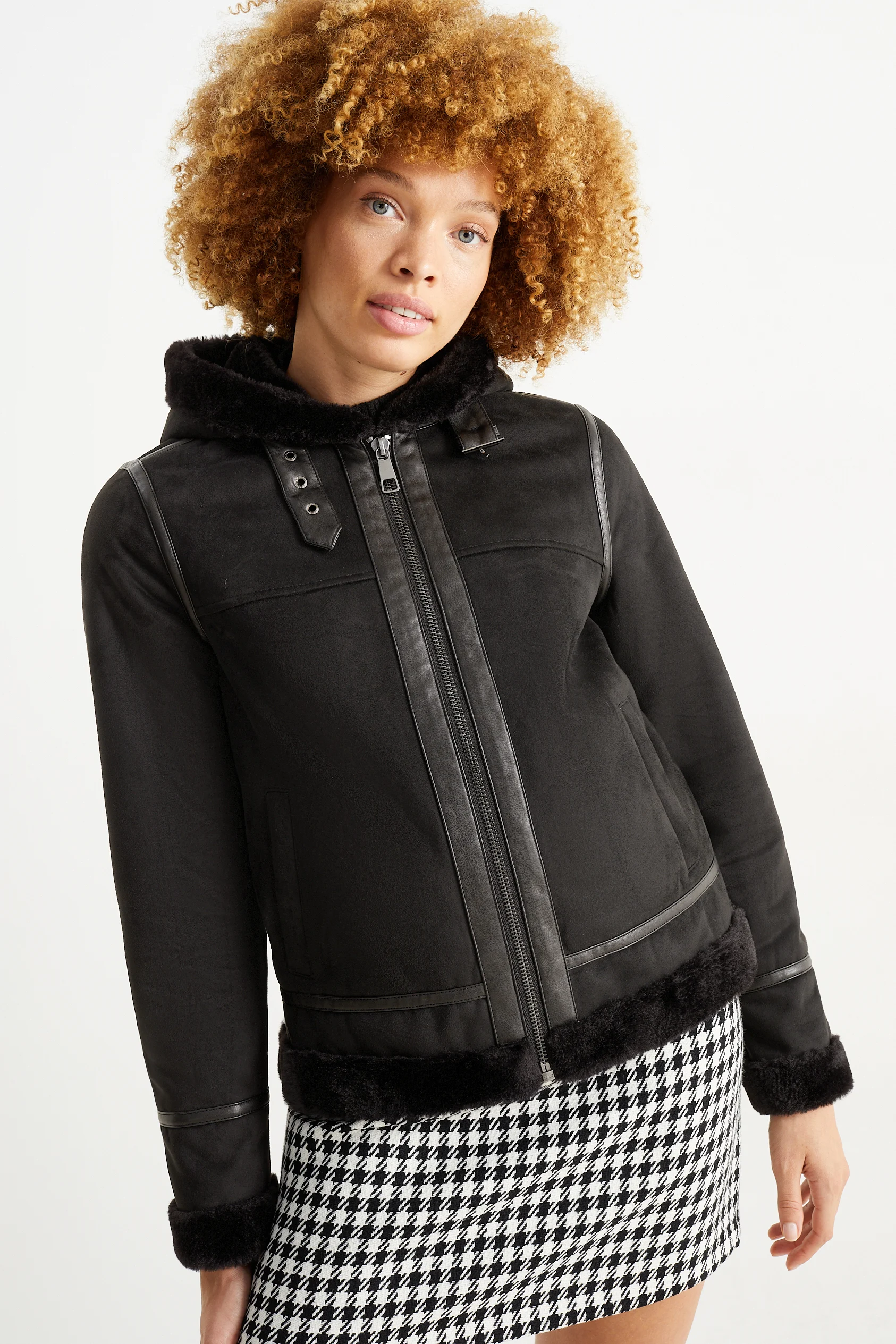 Shearling jacket with hood - faux suede