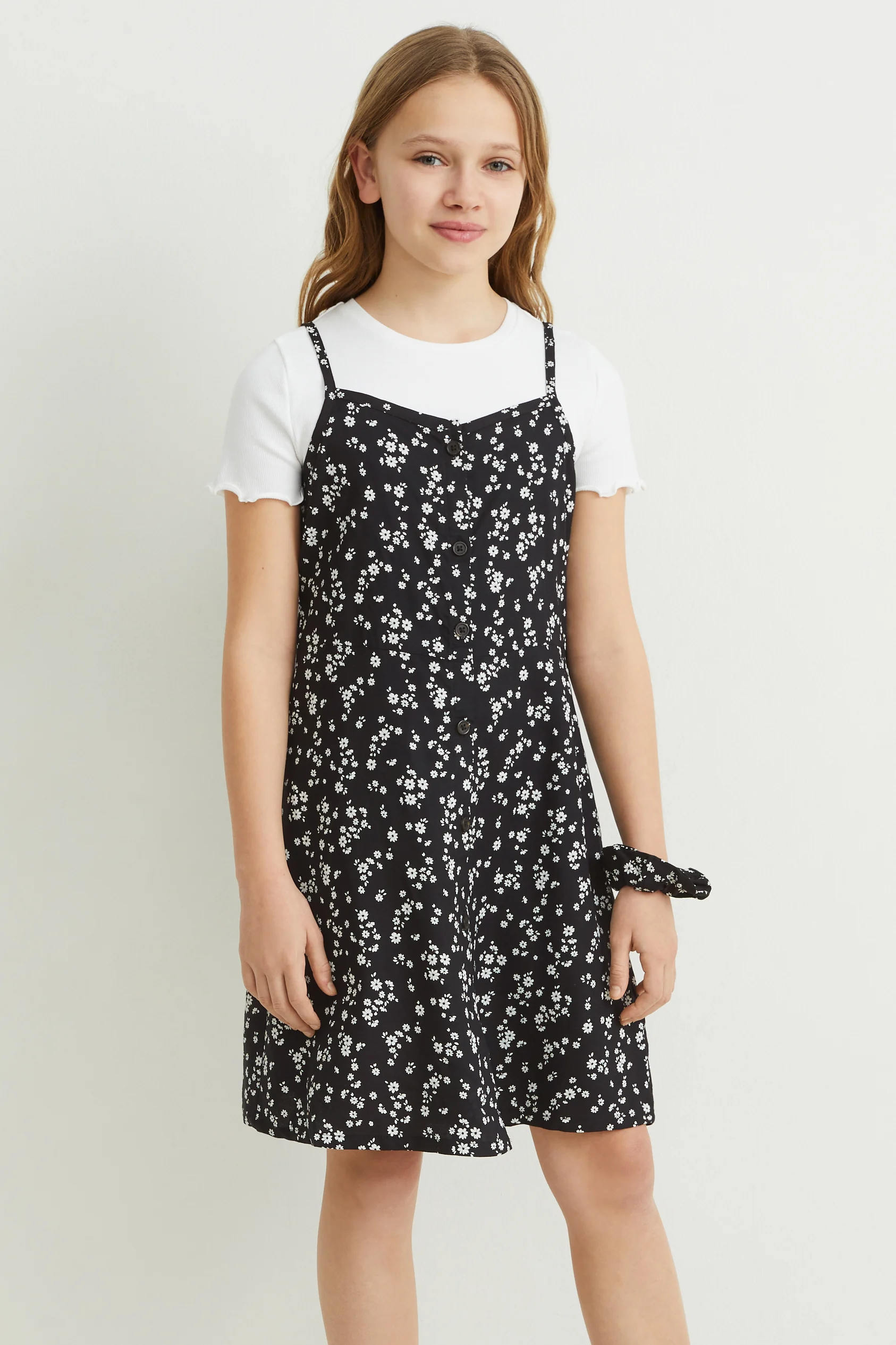 Set - short sleeve T-shirt, dress and scrunchie - 3 piece