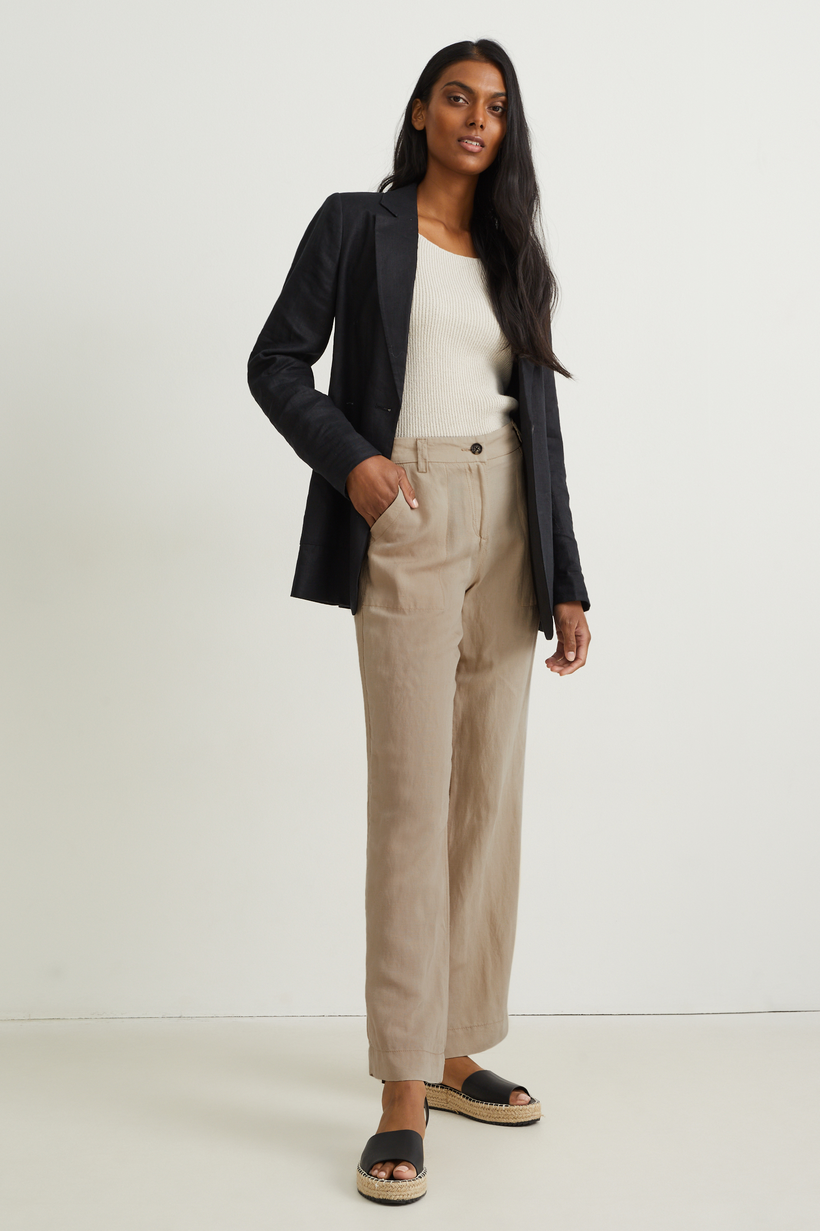 Cloth trousers - mid-rise waist - wide leg - linen blend