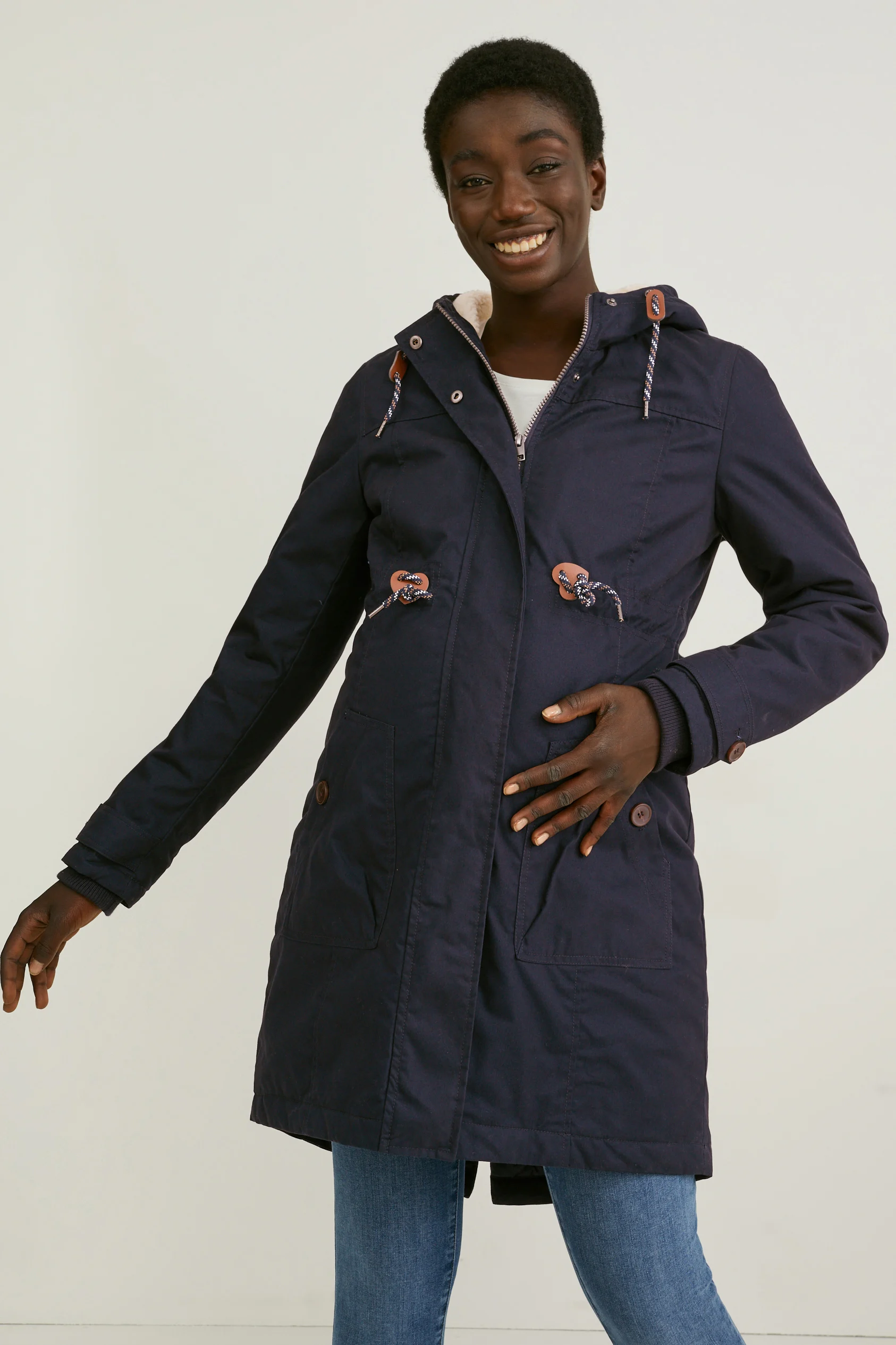 Maternity parka with hood and baby pouch