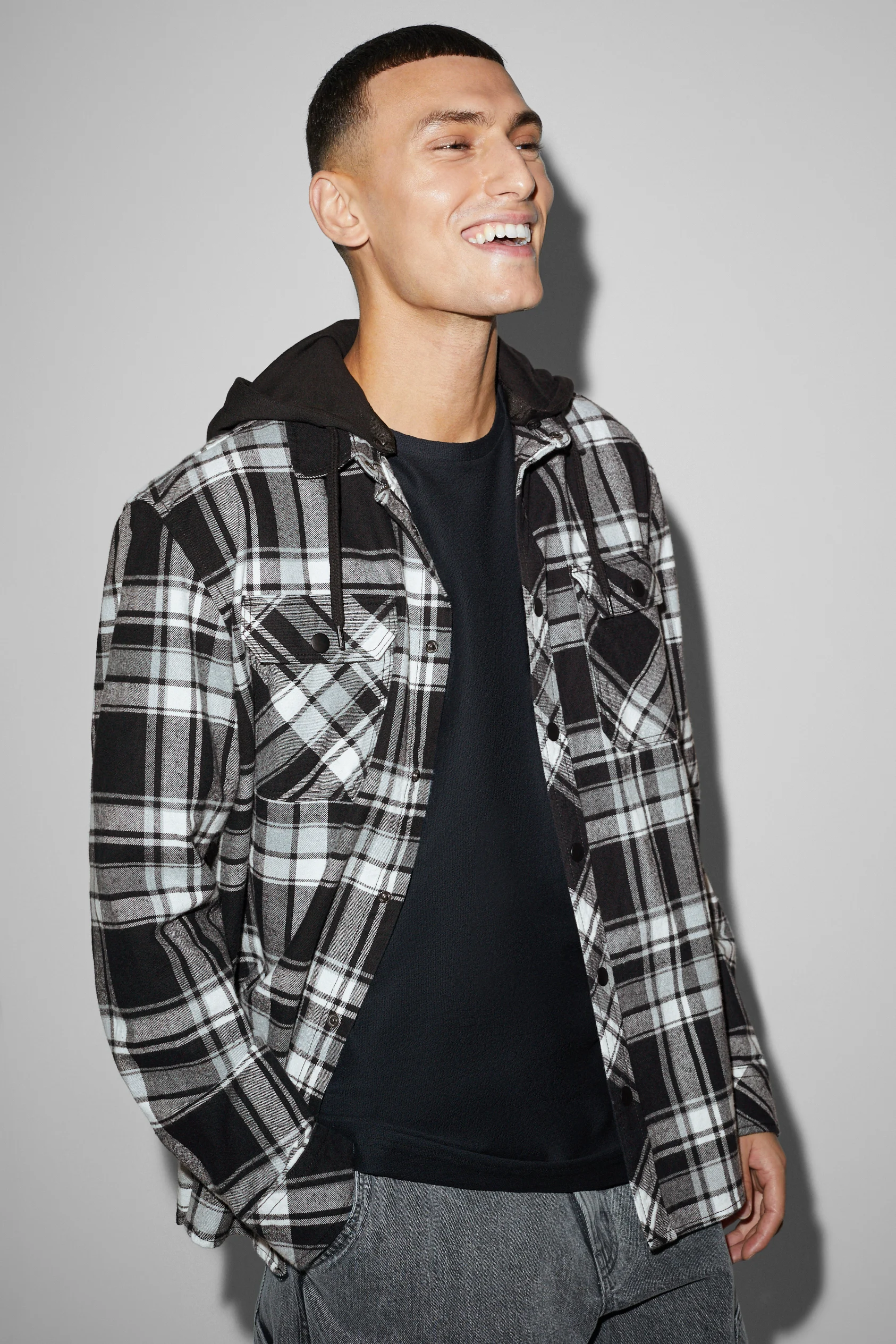 Flannel shirt with hood - relaxed fit - check