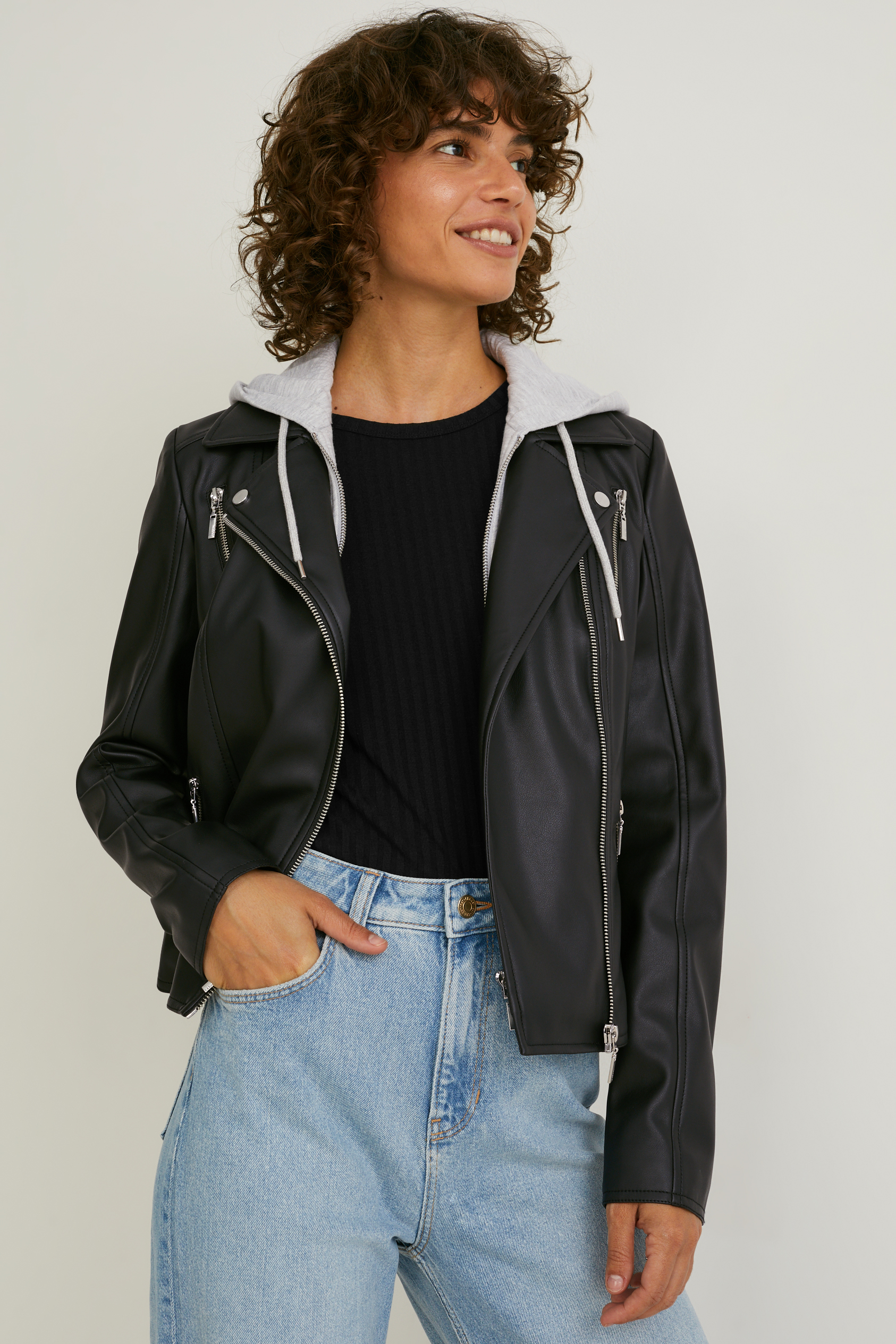 Biker jacket with hood - faux leather