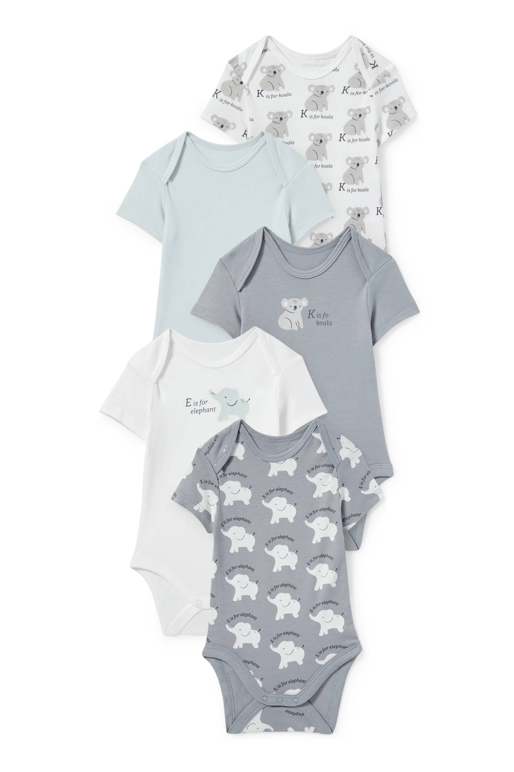 Multipack of 5 - koala and elephant - baby bodysuit