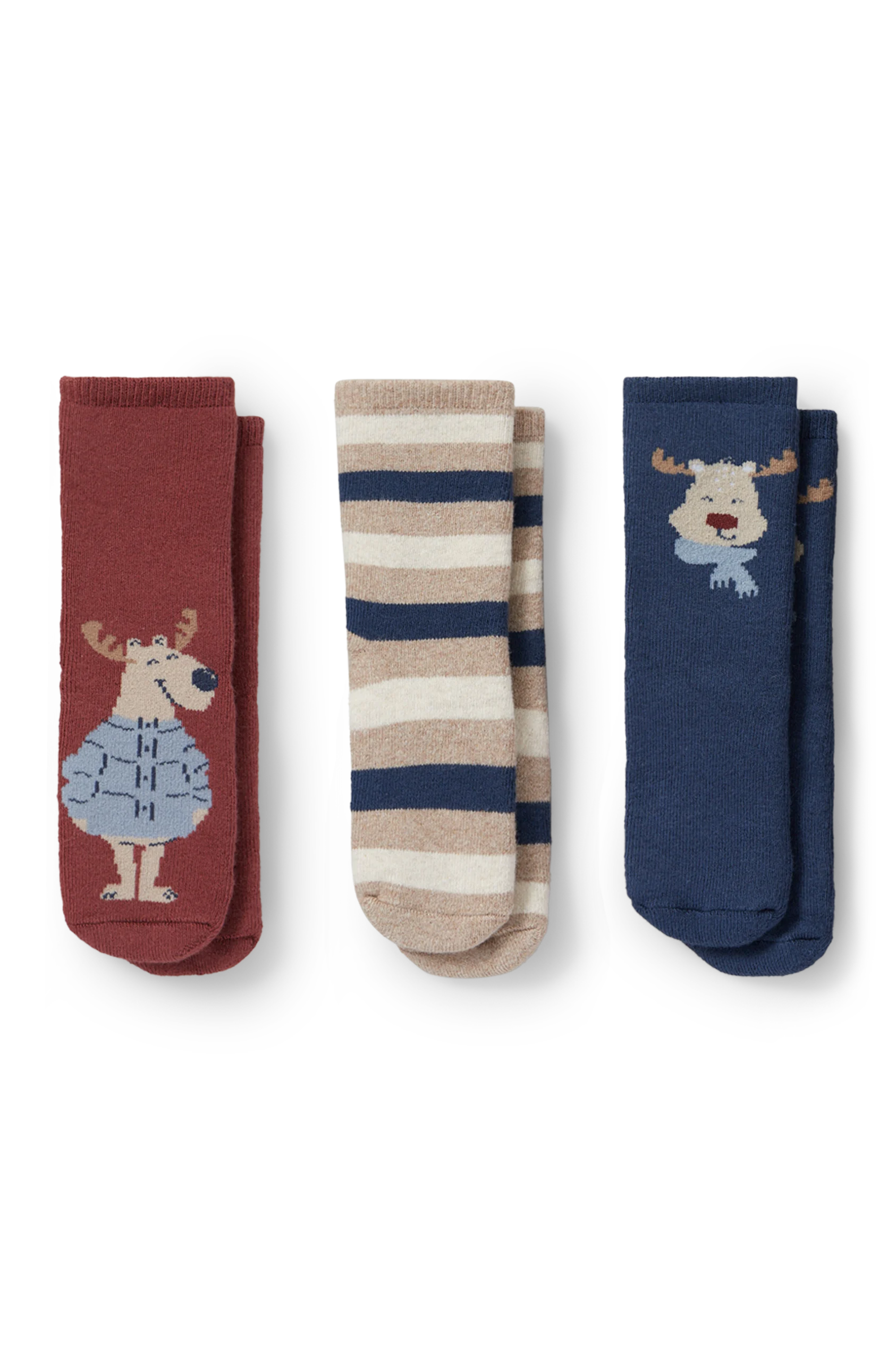 Multipack of 3 - elk - baby non-slip socks with motif