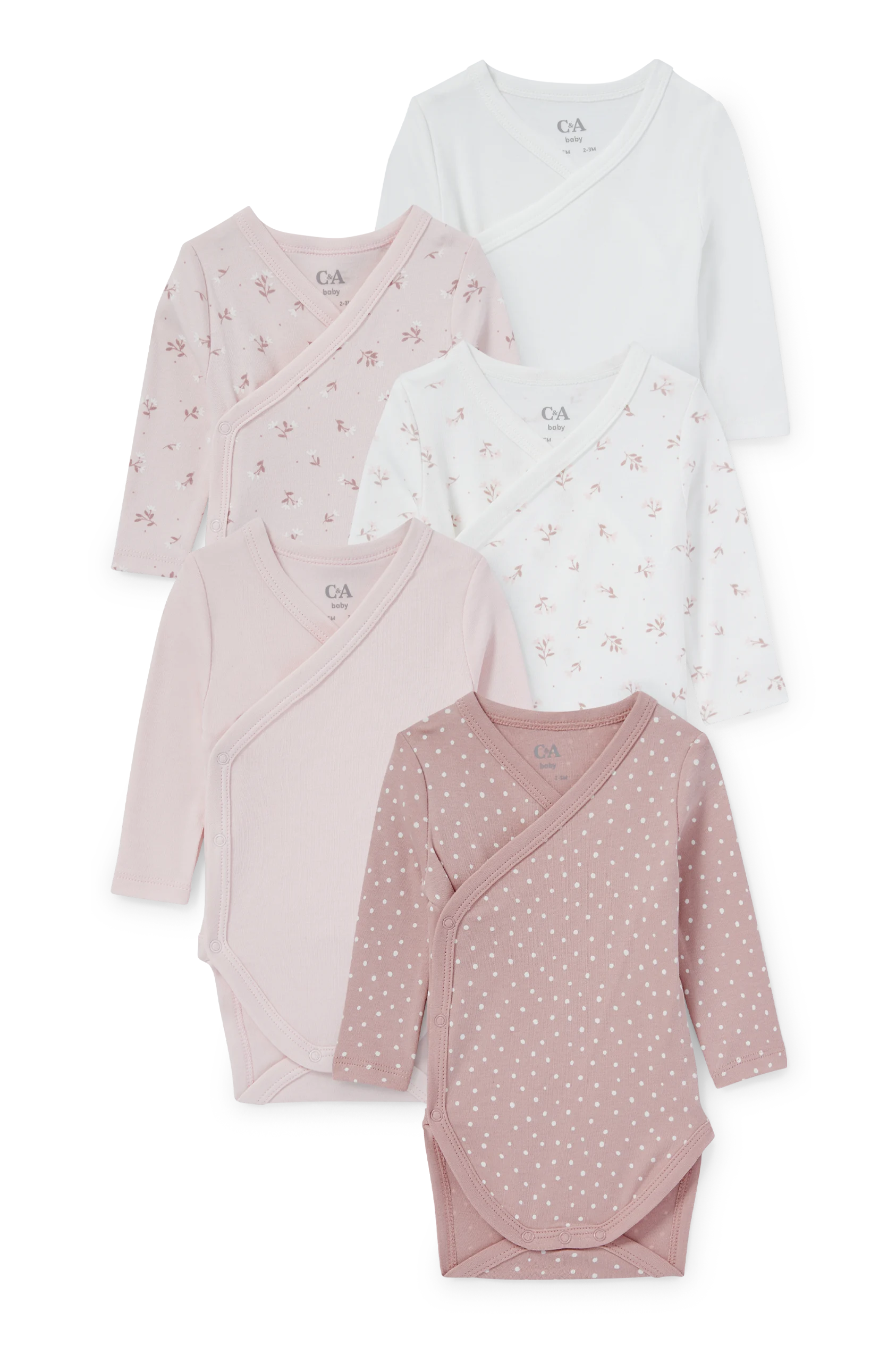 Multipack of 5 - flowers and polka dots - baby wrapover bodysuit