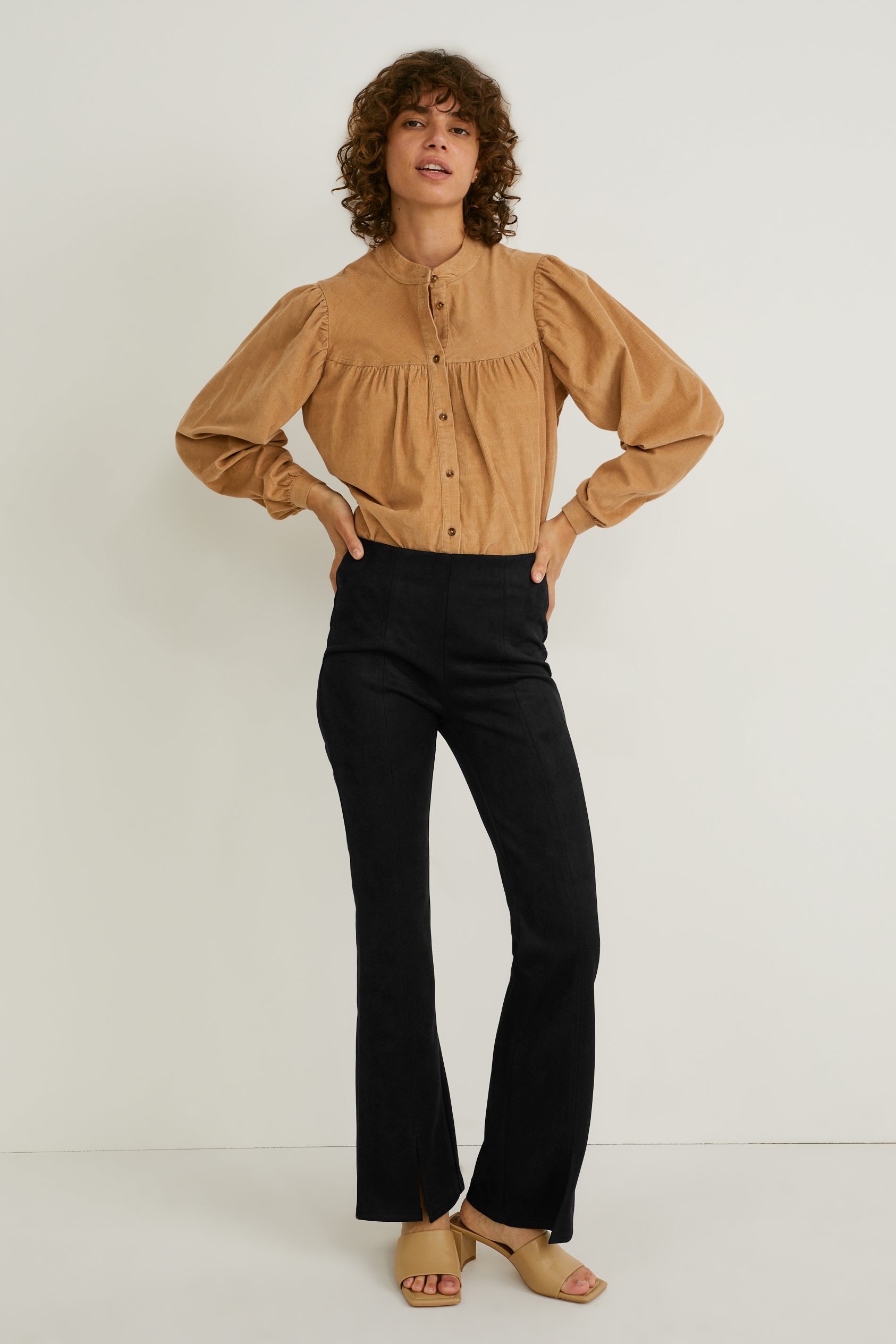 Trousers - high waist - flared - faux suede