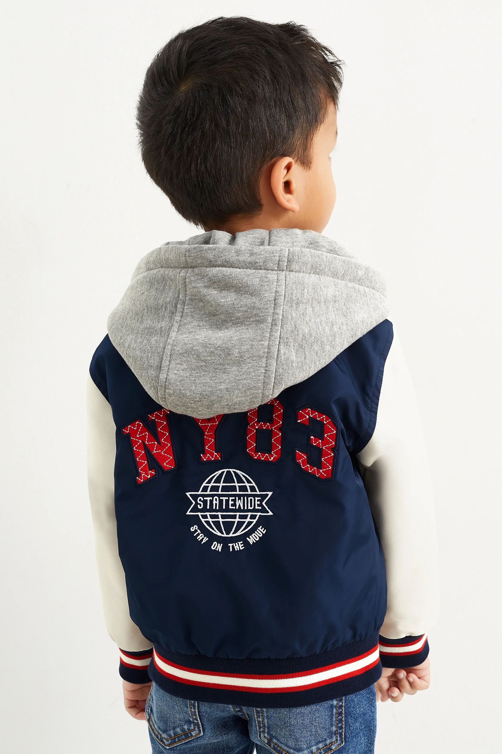 Varsity jacket with hood