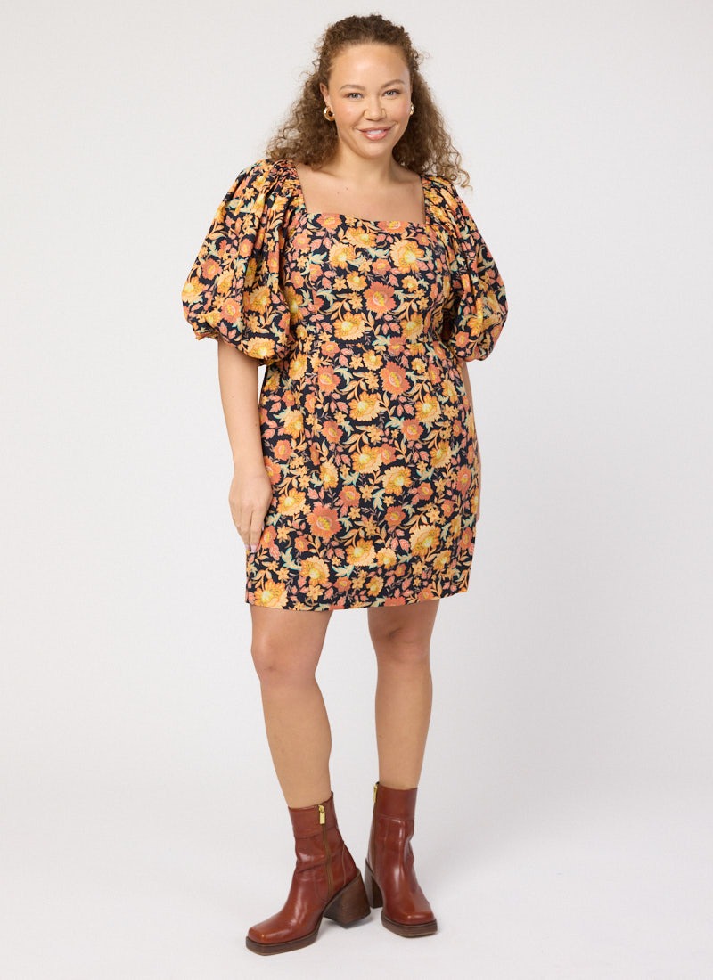 Penny Jacobean Floral Print Square Neck Puff Sleeve Dress