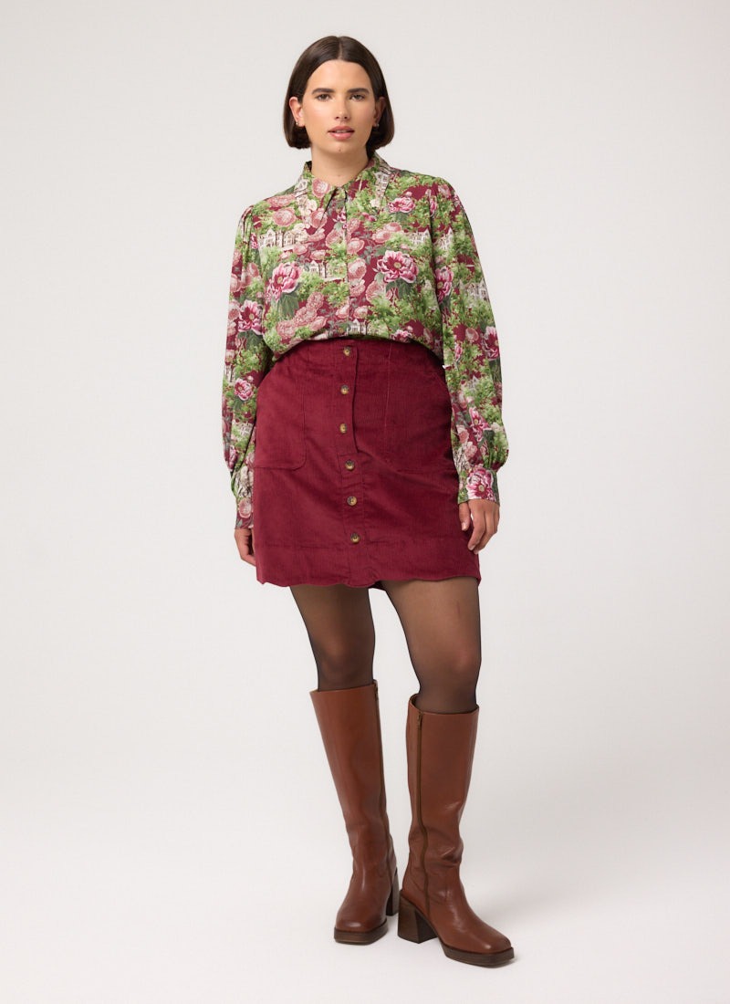 Sarah Scallop Hem A-Line Corduroy Mini Skirt - Burgundy