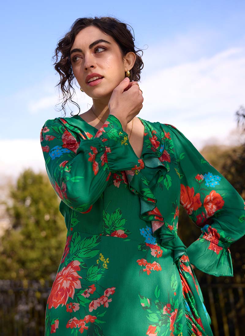 Glorie Green Floral Print Wrap Dress