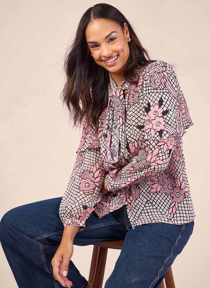 Celia Birtwell X Joanie - Jazz Flower Print Sheer Cape Sleeve Pussy Bow Blouse