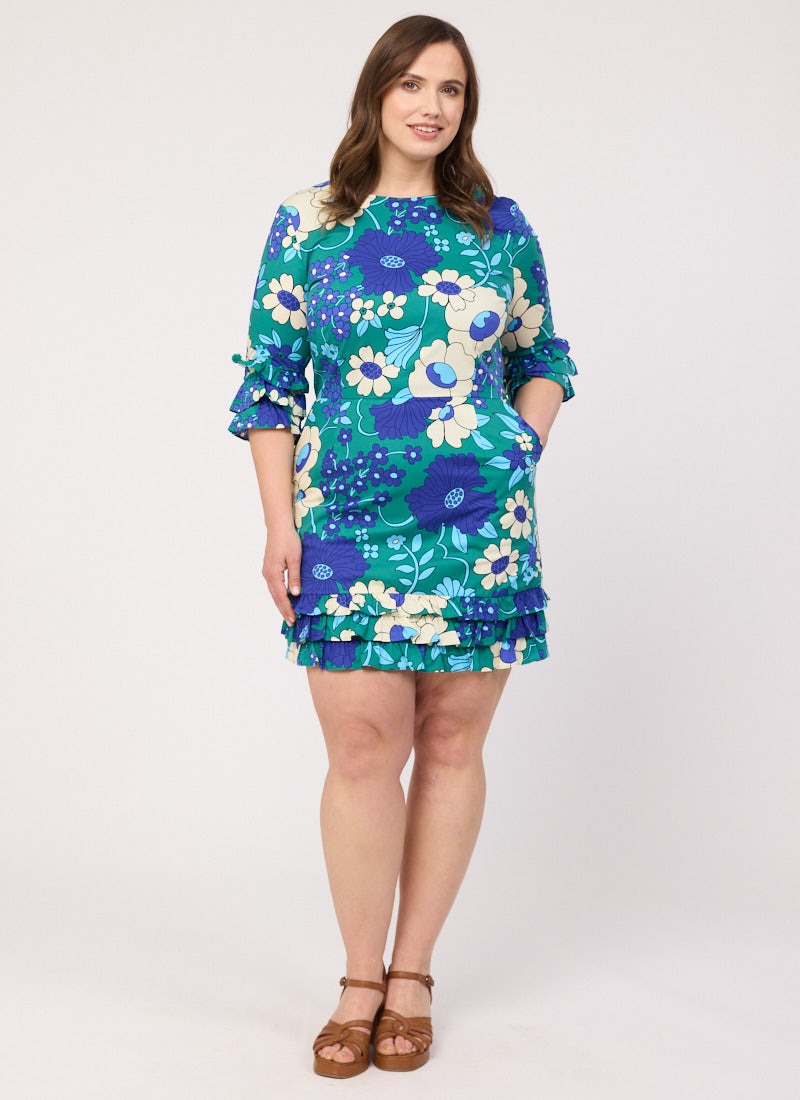 Katy Blue Floral Print Ruffle Sleeve Mini Dress