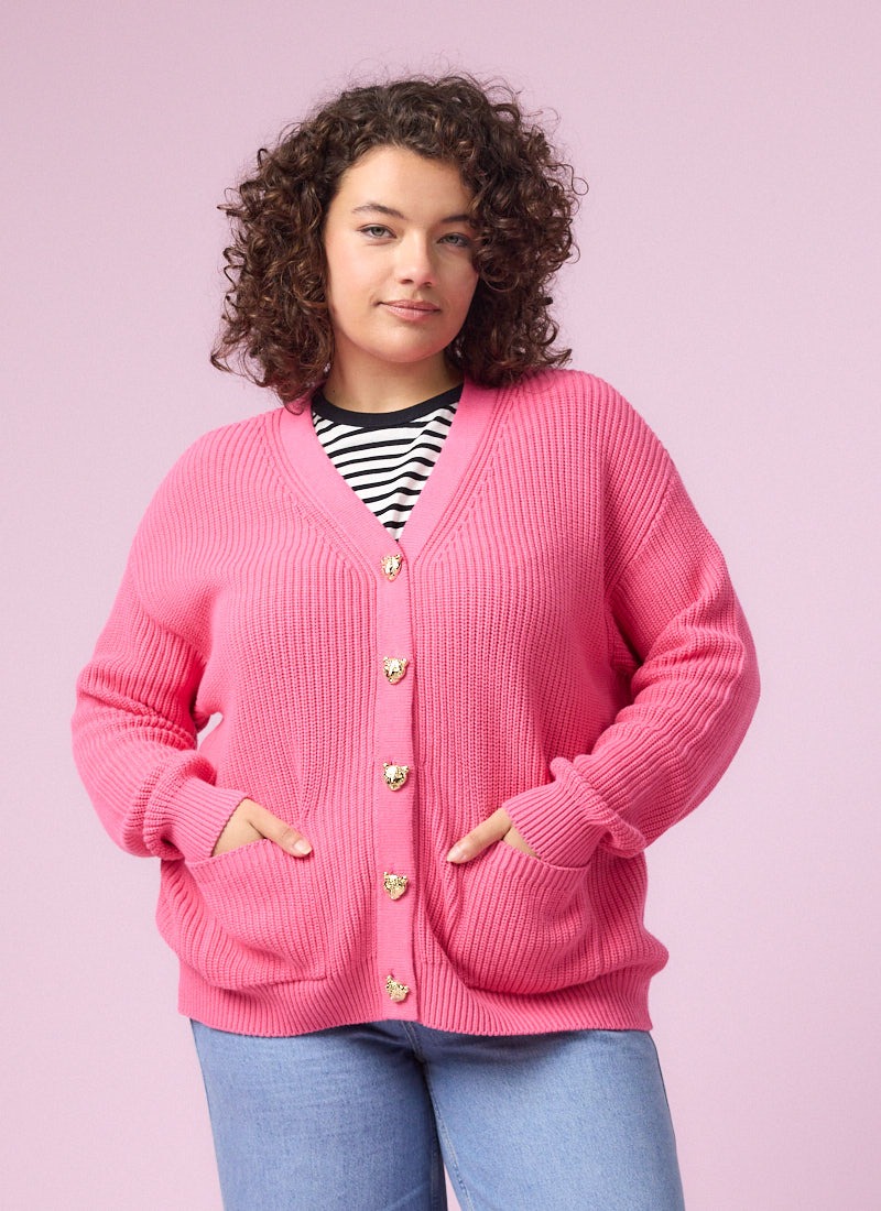 Piper Leopard Button Chunky Knitted Cardigan - Pink