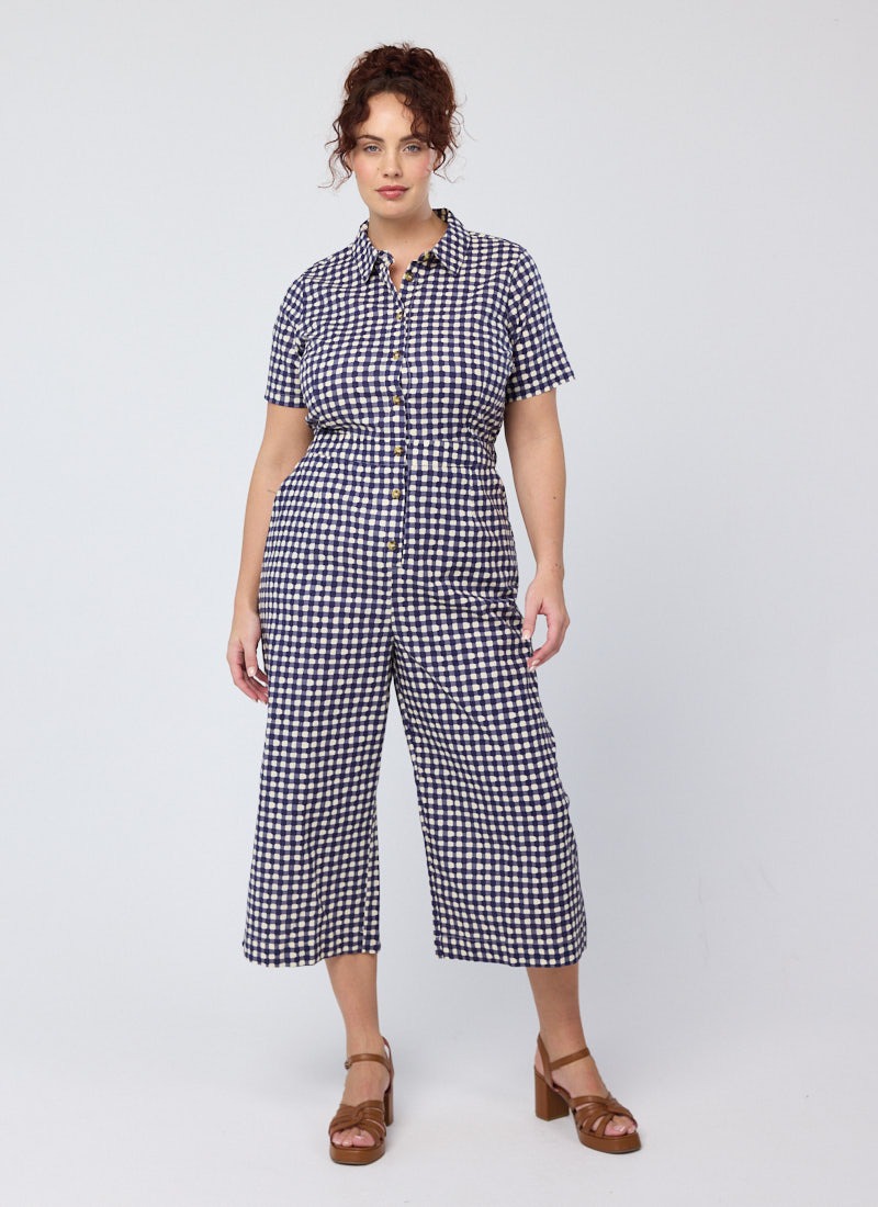 Imala Gingham Short Sleeve Boilersuit - Navy