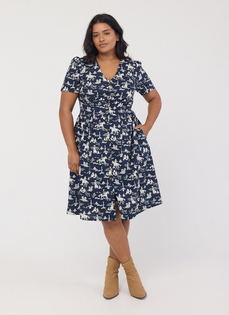 Natalie Western Cowgirl Print Button-Down Tea Dress