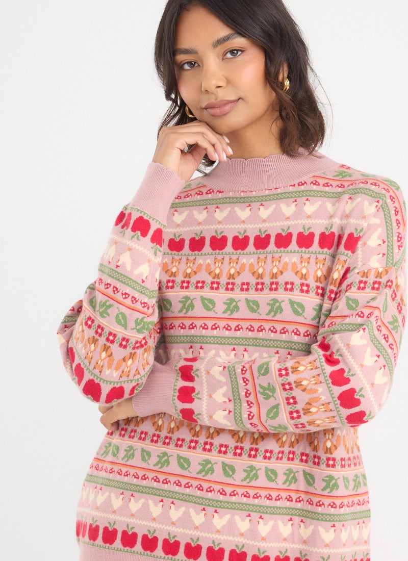 Charly Farmyard Fair Isle Scalloped Knitted Jumper
