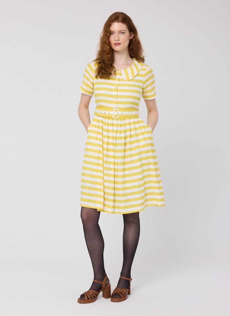 Jean Stripe Print Collared Sundress - Yellow