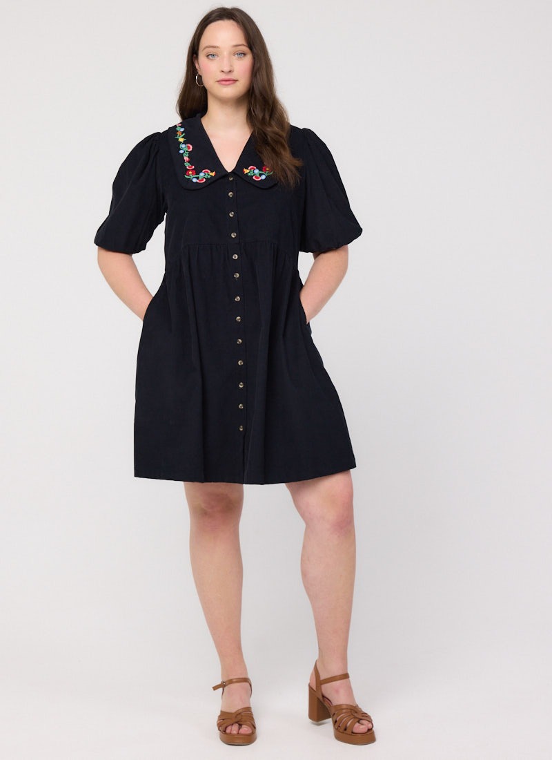 Felicity Embroidered Collar Corduroy Mini Dress - Black