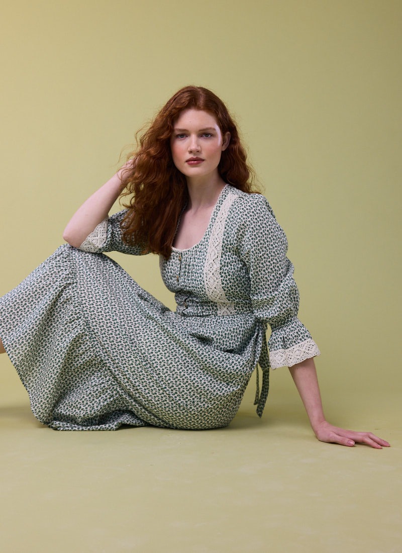 Eleri Sage Floral Print Crochet Trim Prairie Dress