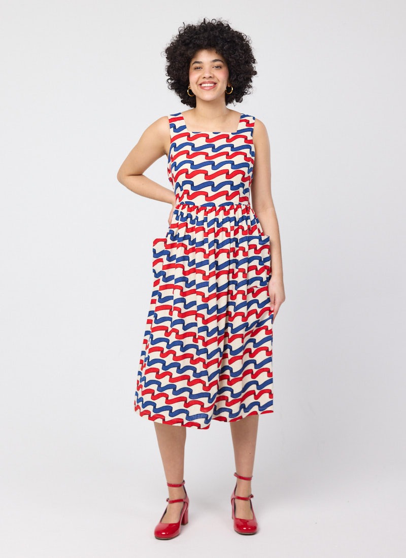 Sandy Square Neck Ribbon Stripe Print Midi Dress
