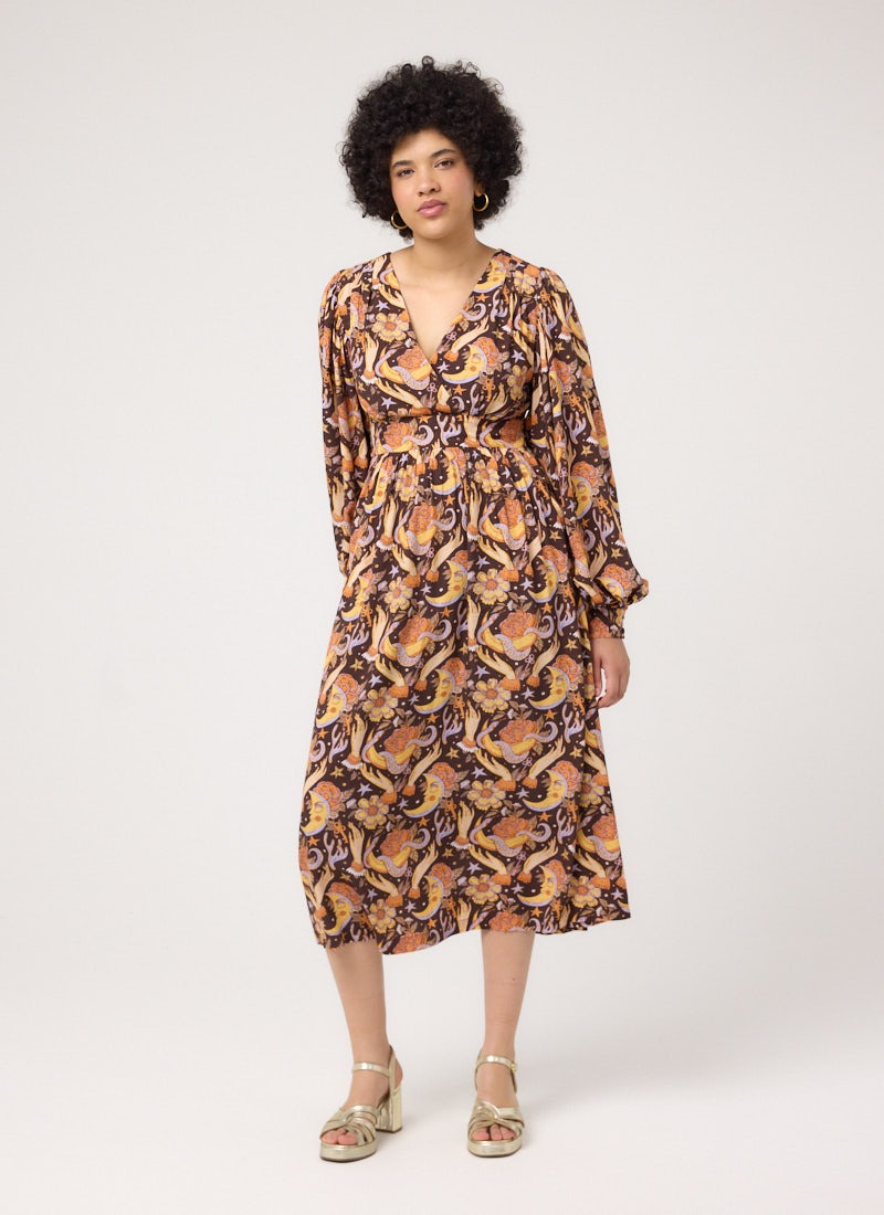 Tori Mystical Moon Print Balloon Sleeve Midaxi Dress